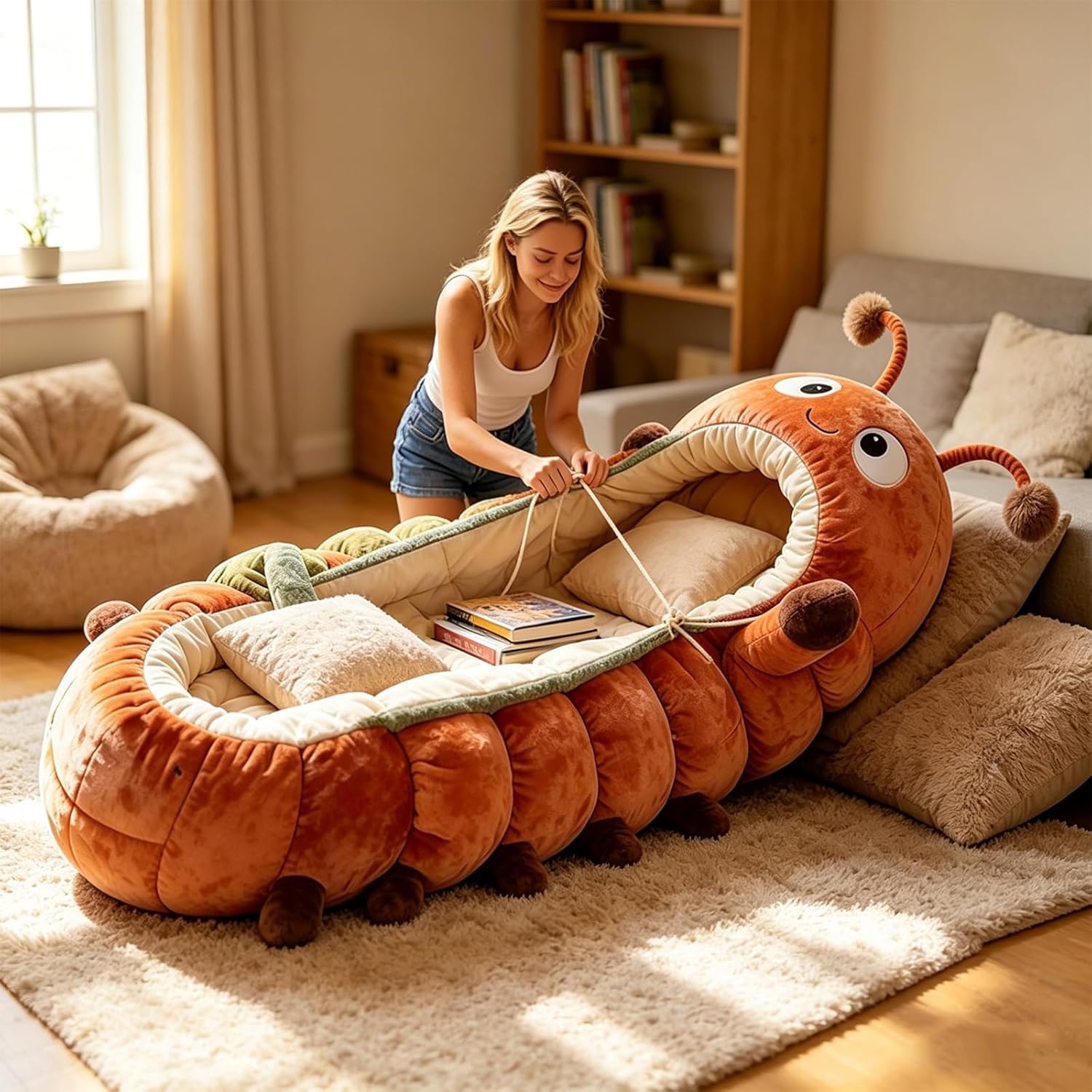 Hugging Raupe Schlafsack Plüsch Kokon Lounge Pods mit Verstellbarer Zugkordel Ganzkörper Plüsch Liege Übergroßer Raupenschlafsack für Erwachsene
