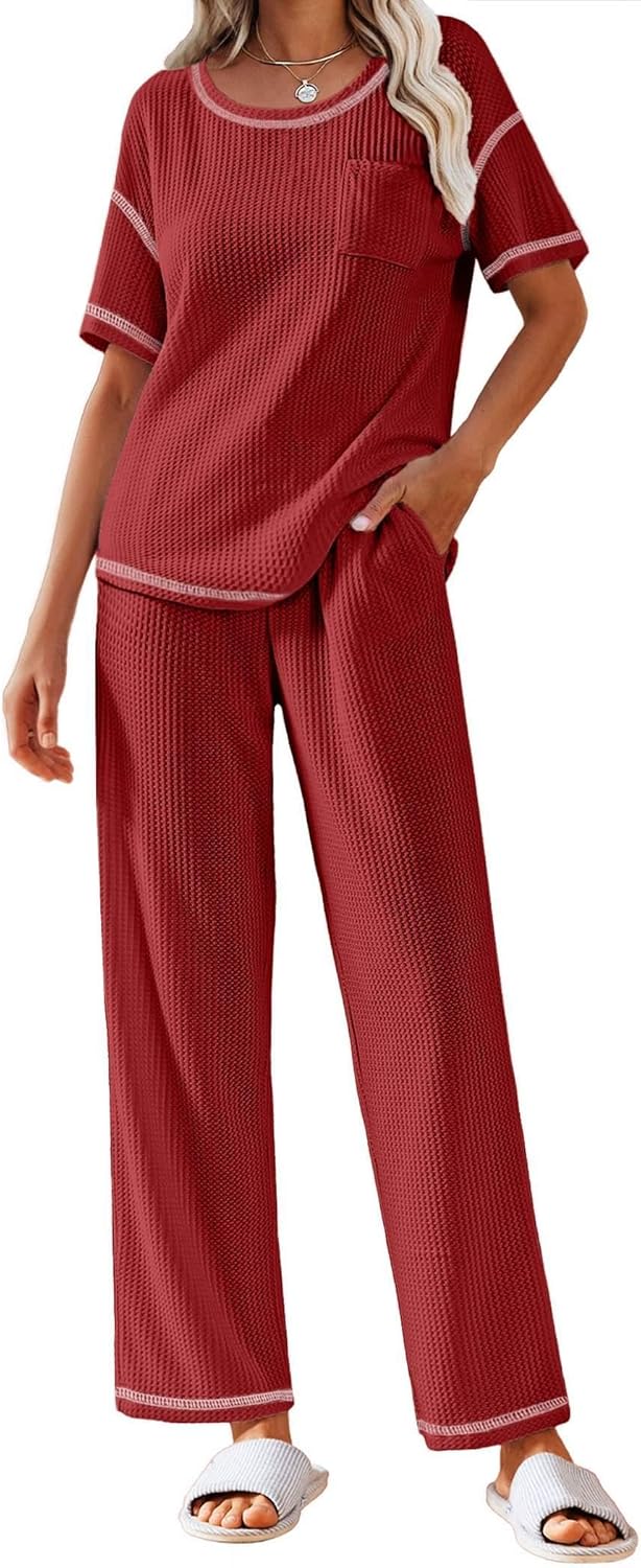 Ekouaer Women Waffle Knit Lounge Sets Short Sleeve Top and Long Pant Pajama Set Loungewear 2 Piece Pjs Set with Pockets