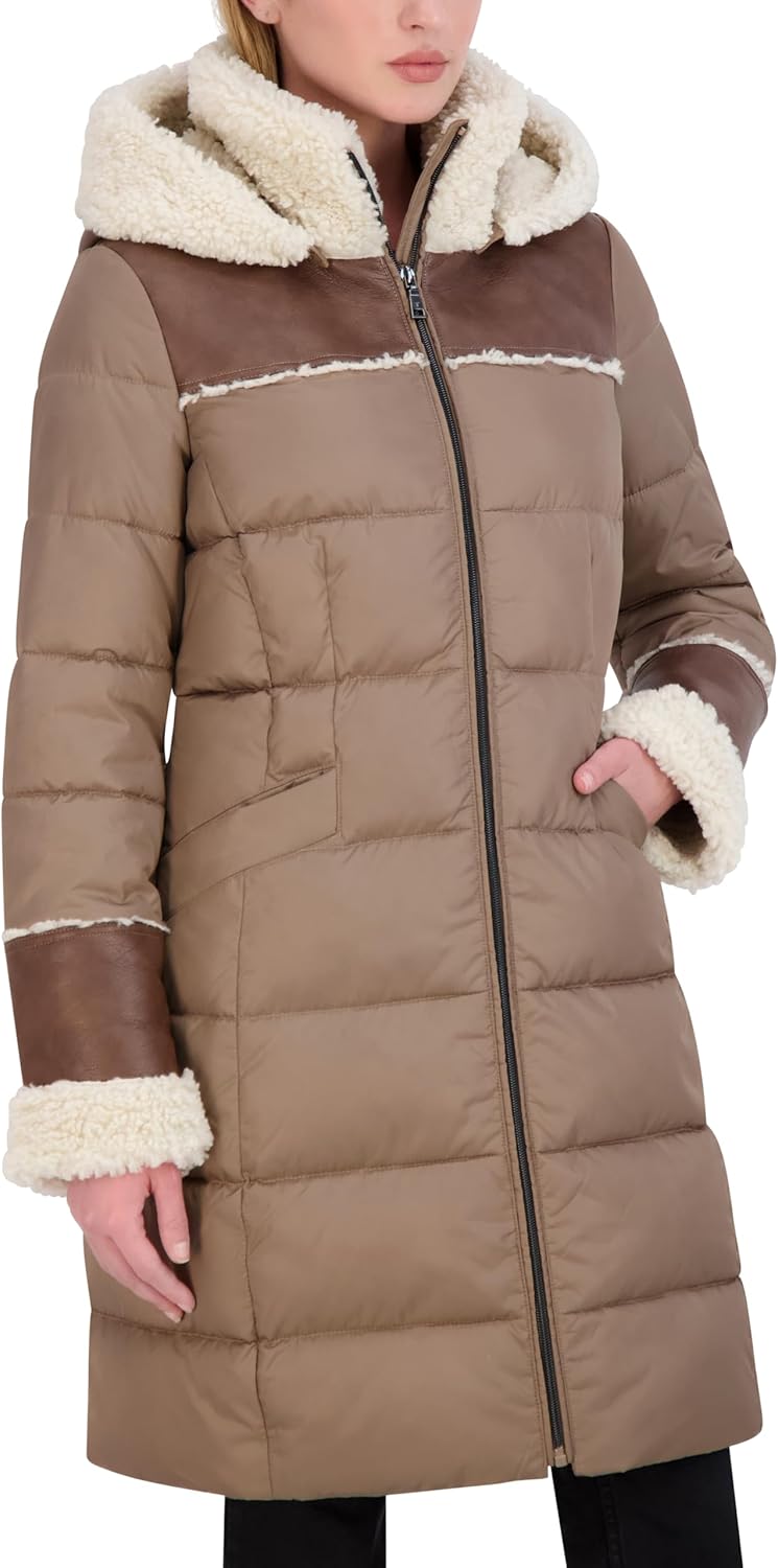TAHARI Women's Fitted Quilted Puffer Coat With Attached Hood, Faux Shearling Trim & Hand Warmer Pockets - Image 4