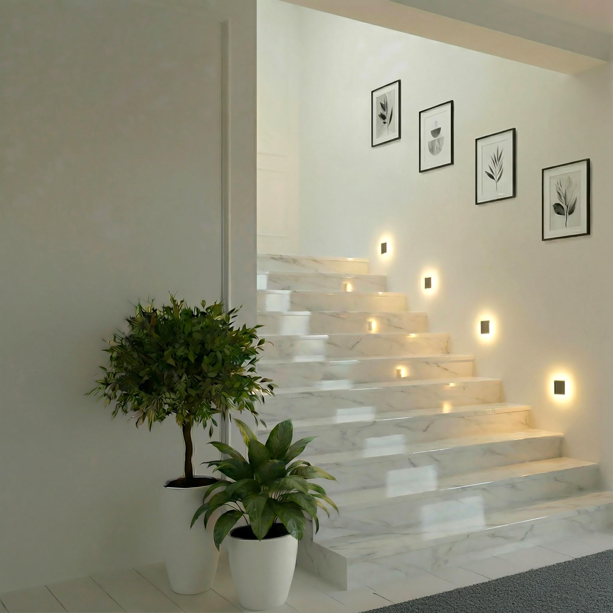 Maxkomfort LED Treppenbeleuchtung 230V Indirektes Licht Acryl-Seitenlicht Wandeinbauleuchte Eckig Schwarz Weiß Halo-Effekt 140lm Warmweiß 3000K Magnetisch für Schalterdose Ø 60mm - 6109 (weiß, eckig)