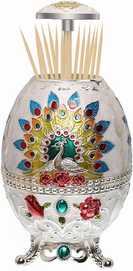 LAUYOO Portable Retractable Toothpick Holder with Bottle Opener Automatic Retro Pop Up Toothpick Dispenser Toothpicks Case Storage Organizer Container Decoration for Kitchen (Peacock-Jade White)
