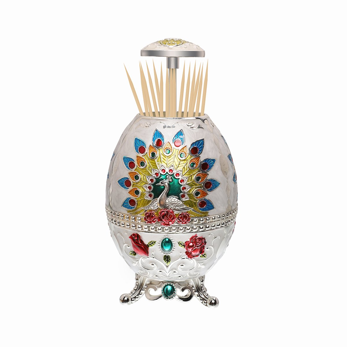 LAUYOO Portable Retractable Toothpick Holder with Bottle Opener Automatic Retro Pop Up Toothpick Dispenser Toothpicks Case Storage Organizer Container Decoration for Kitchen (Peacock-Jade White)