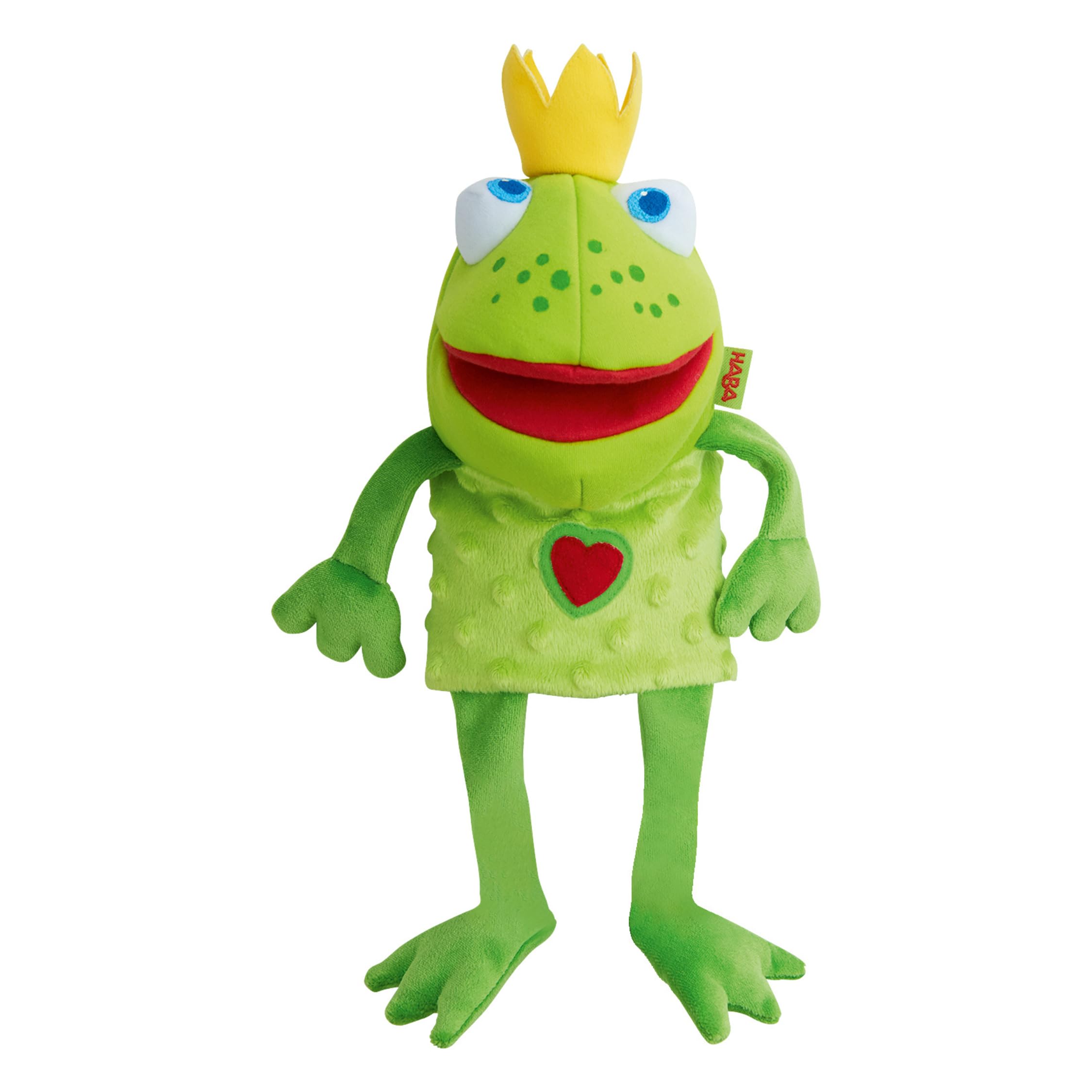 HABA Handpuppe Froschkönig, 26 cm Stoffpuppe mit beweglichem Maul & Knisterfolie, Spielzeug für Rollenspiele & Puppentheater, waschbar, ab 18 Monaten - 1301263001