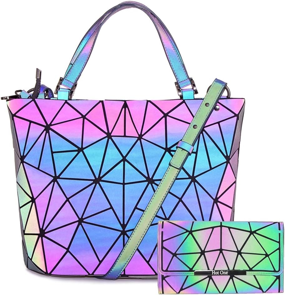 Hot One Geometric Luminous Backpack for Women Color Changes Holographic Geometric Backpack Purse and Wallet Set