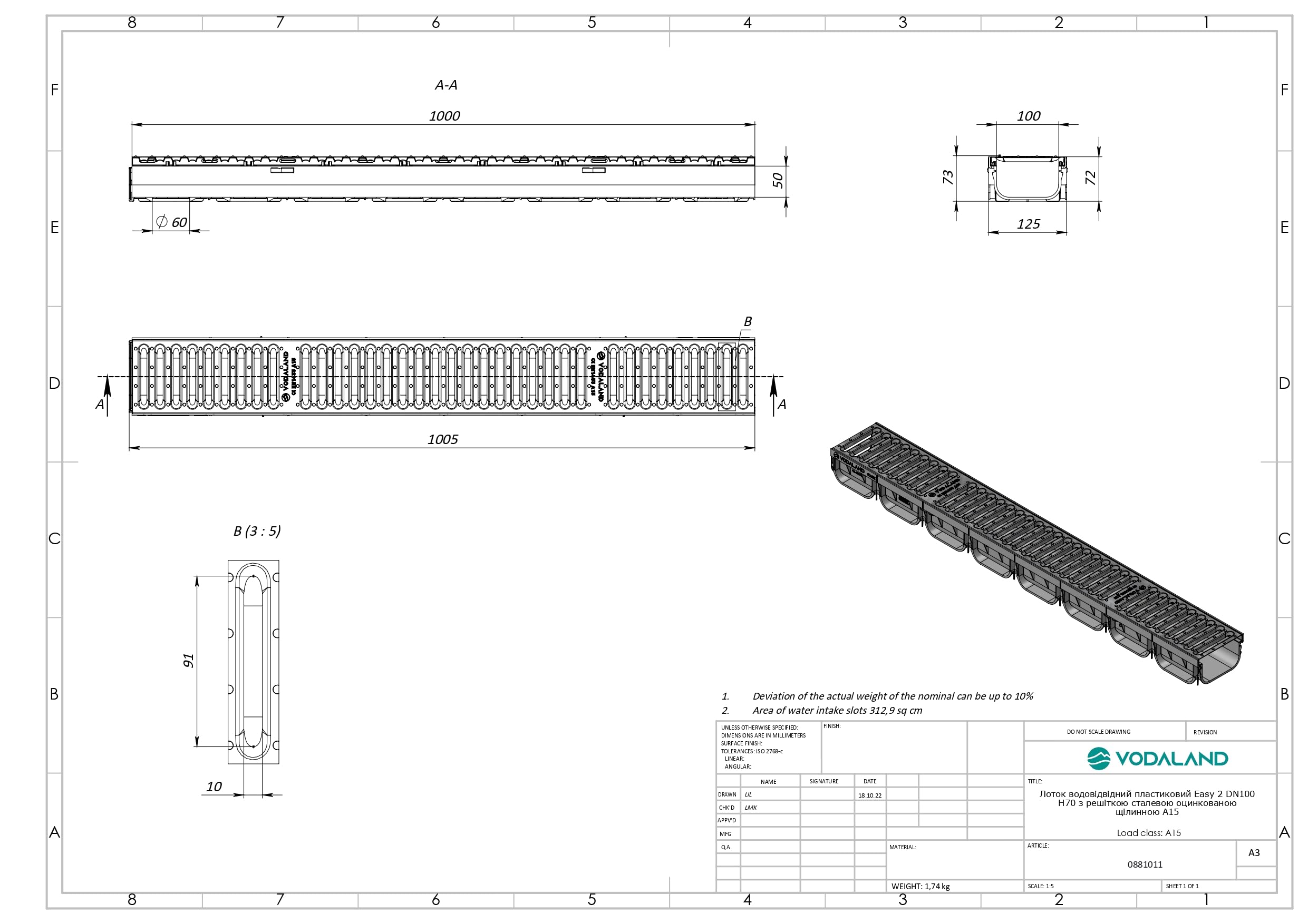 VODALAND - Canaleta de Desagüe Easy 2 con Rejilla de Acero Galvanizado - Kit de 5 Metros para Drenaje de Jardín y Aguas Pluviales | Alta Resistencia para Recoger Agua | Ideal para Terraza