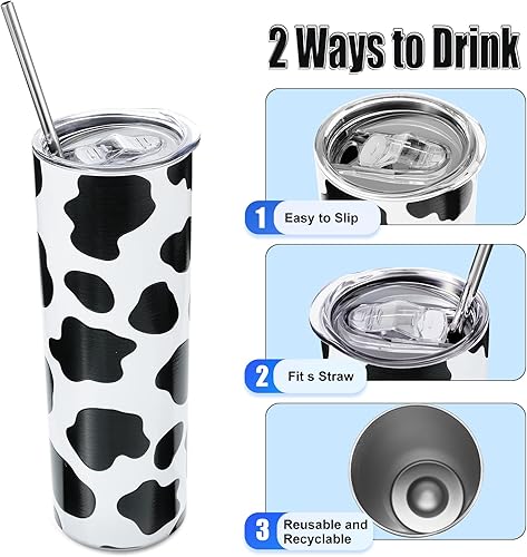 Miniatura 2 de Honeydak Vaso de 20 onzas con tapa y pajilla, de acero inoxidable, con aislamiento térmico y delgado, con estampado de vaca, bonita taza de café