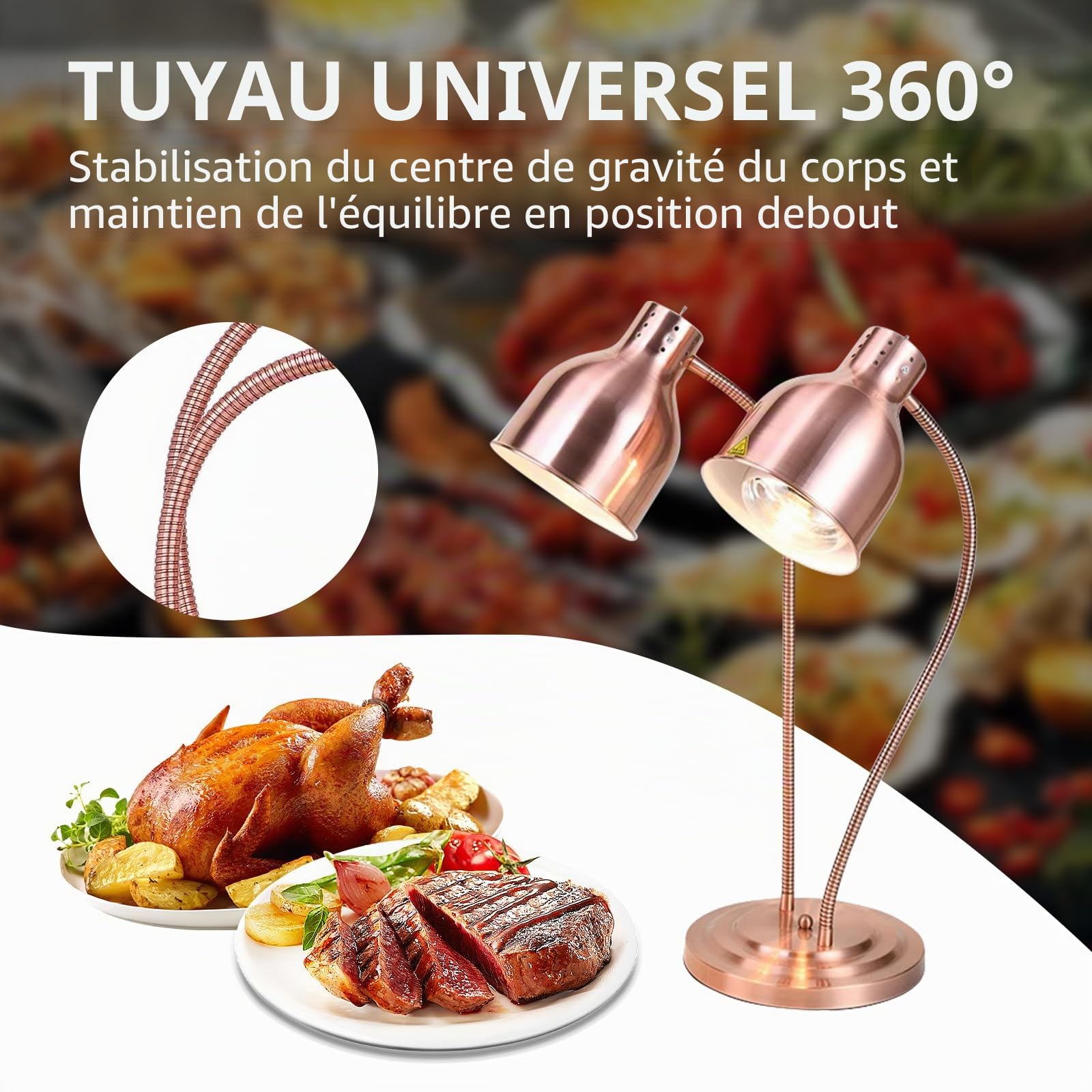 Lampe chauffante de cuisine - 250 W - Lampe infrarouge - Double tête - Autonome - Pour buffets, salle à manger, hôtels, commerciaux, maintien au chaud des aliments (or rose)
