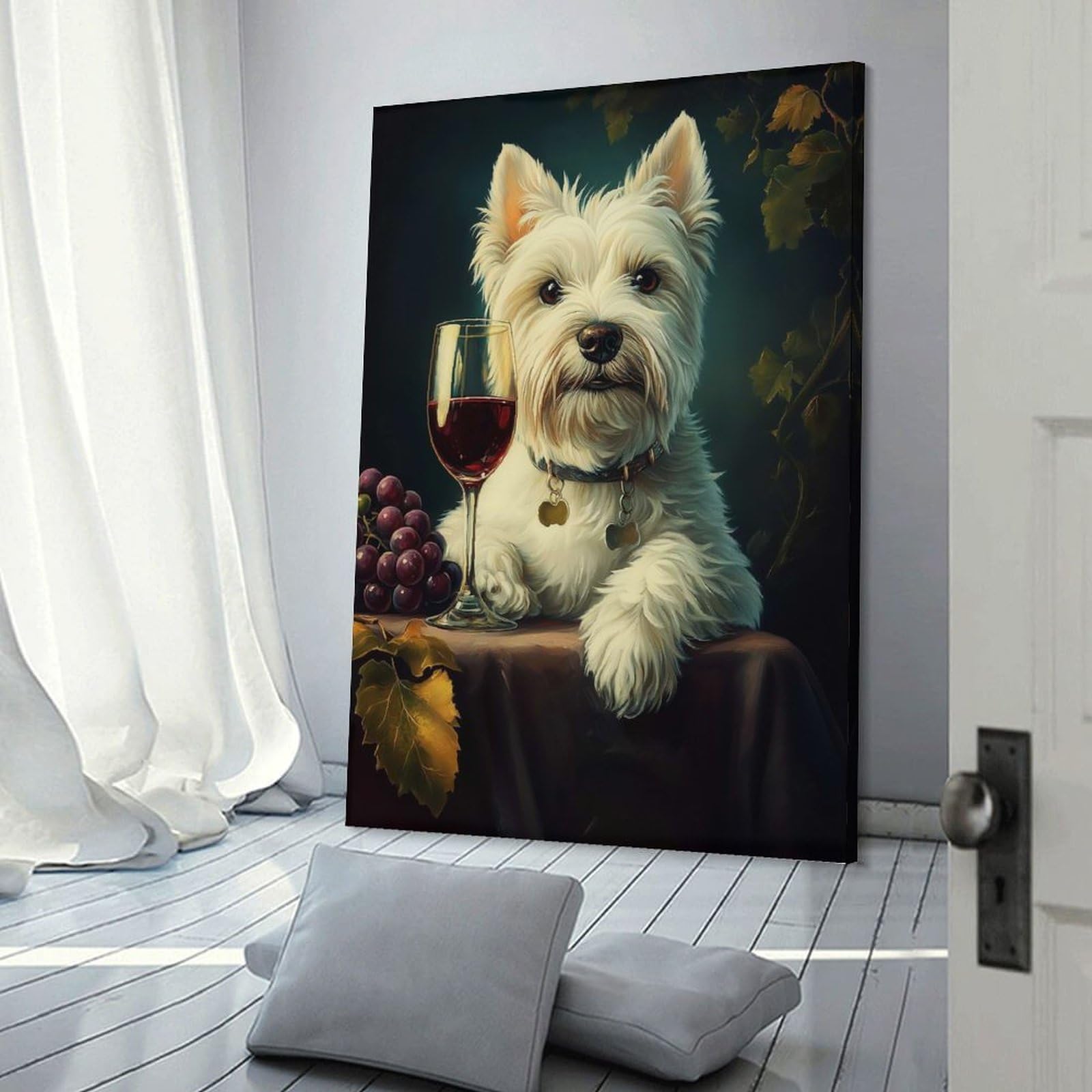 Junmoney Canvas Wall Picture White Westie Enjoying Wine, 20x30inch(50x75cm), for Hallway, Bedroom Or Modern Interiors, Home Decor Gift with Stylish Appeal