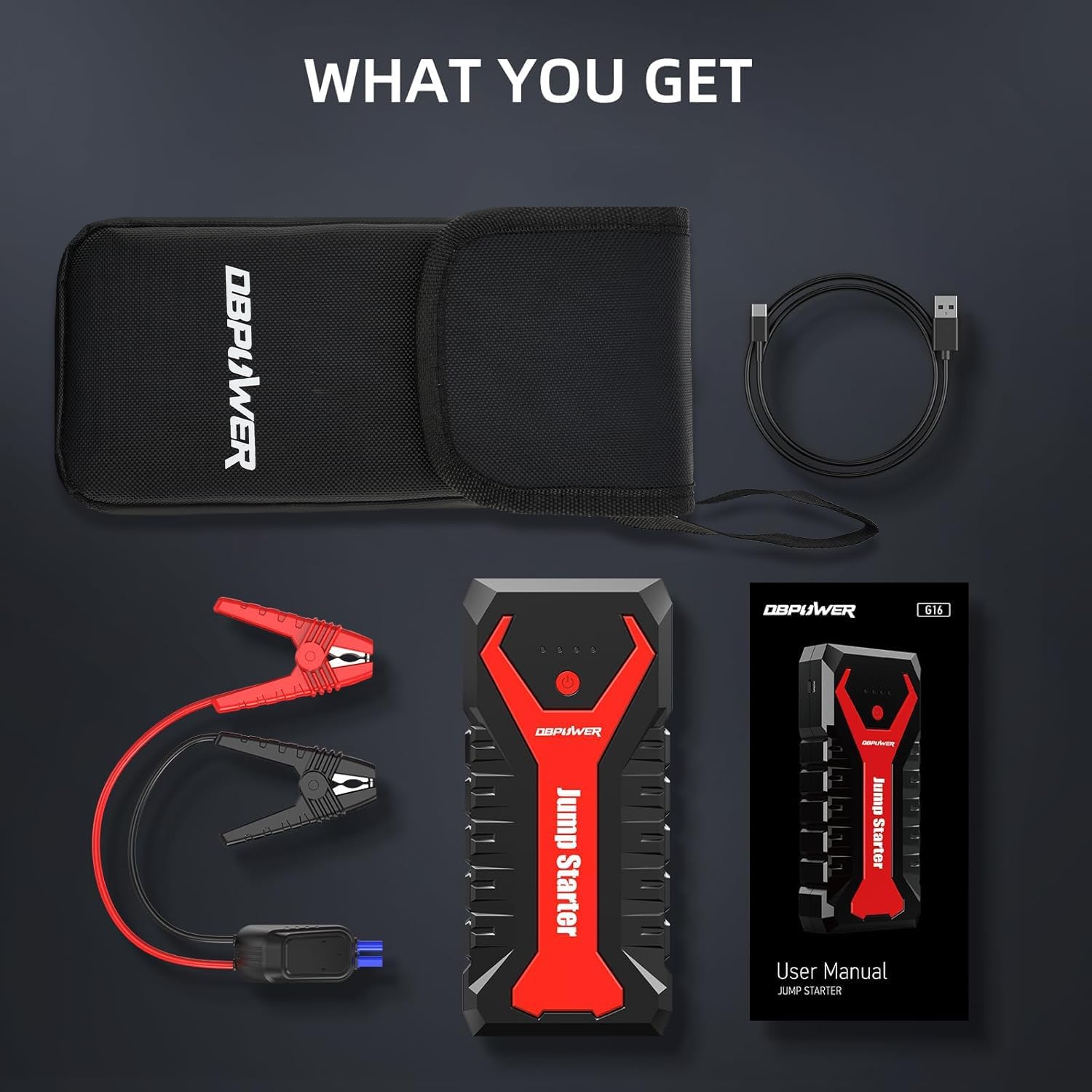 Contents of the DBPOWER G16 package including the jump starter, intelligent jumper clamps, USB cable, storage case, and user manual.