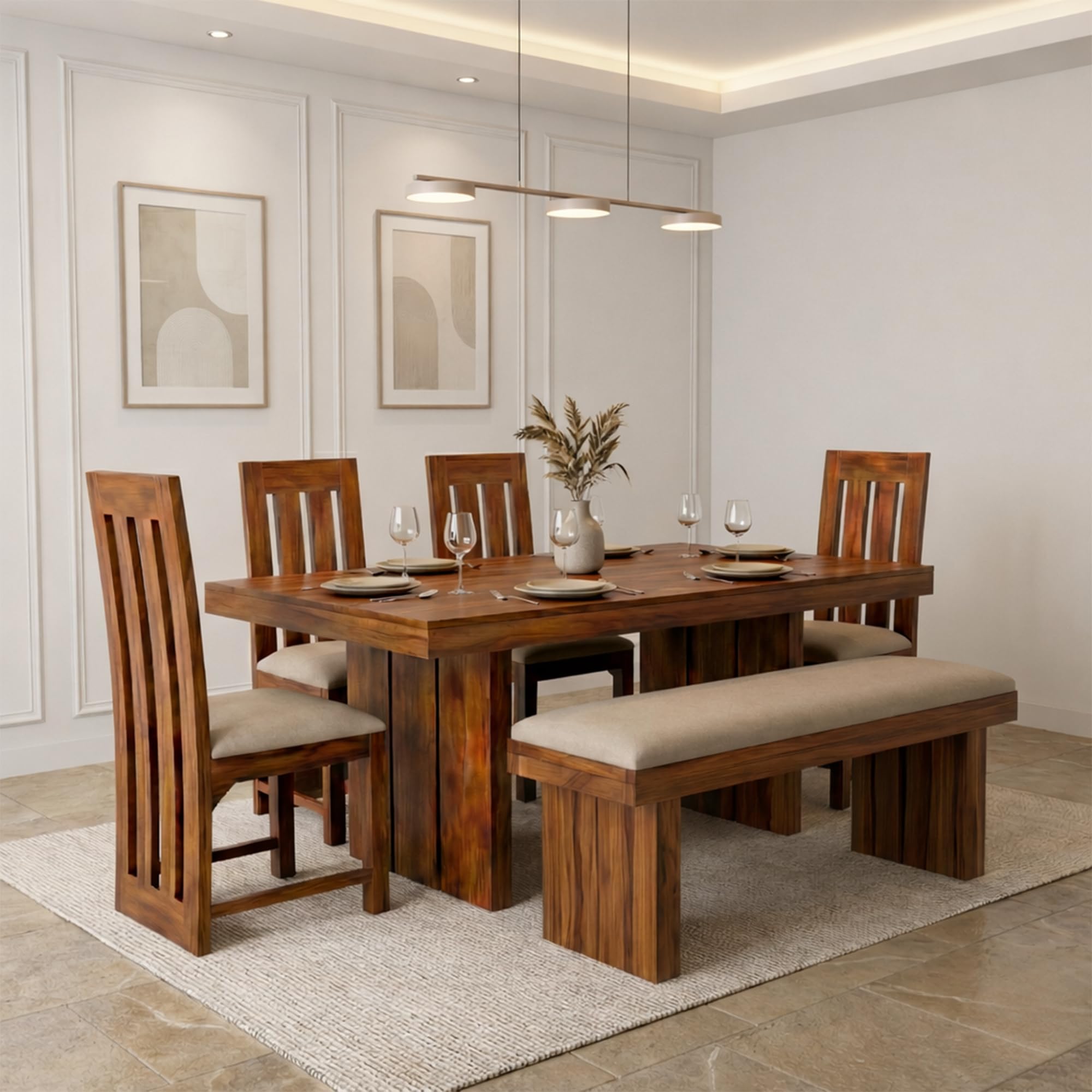 SONA ART & CRAFTS Poster Sheesham Wood Dining Table Set 6 Seater Dinner Dinning Table with 4 Cushion Chair with 1 Bench for Dining Furniture for Living Room Home Hotel Office (Honey Finish)