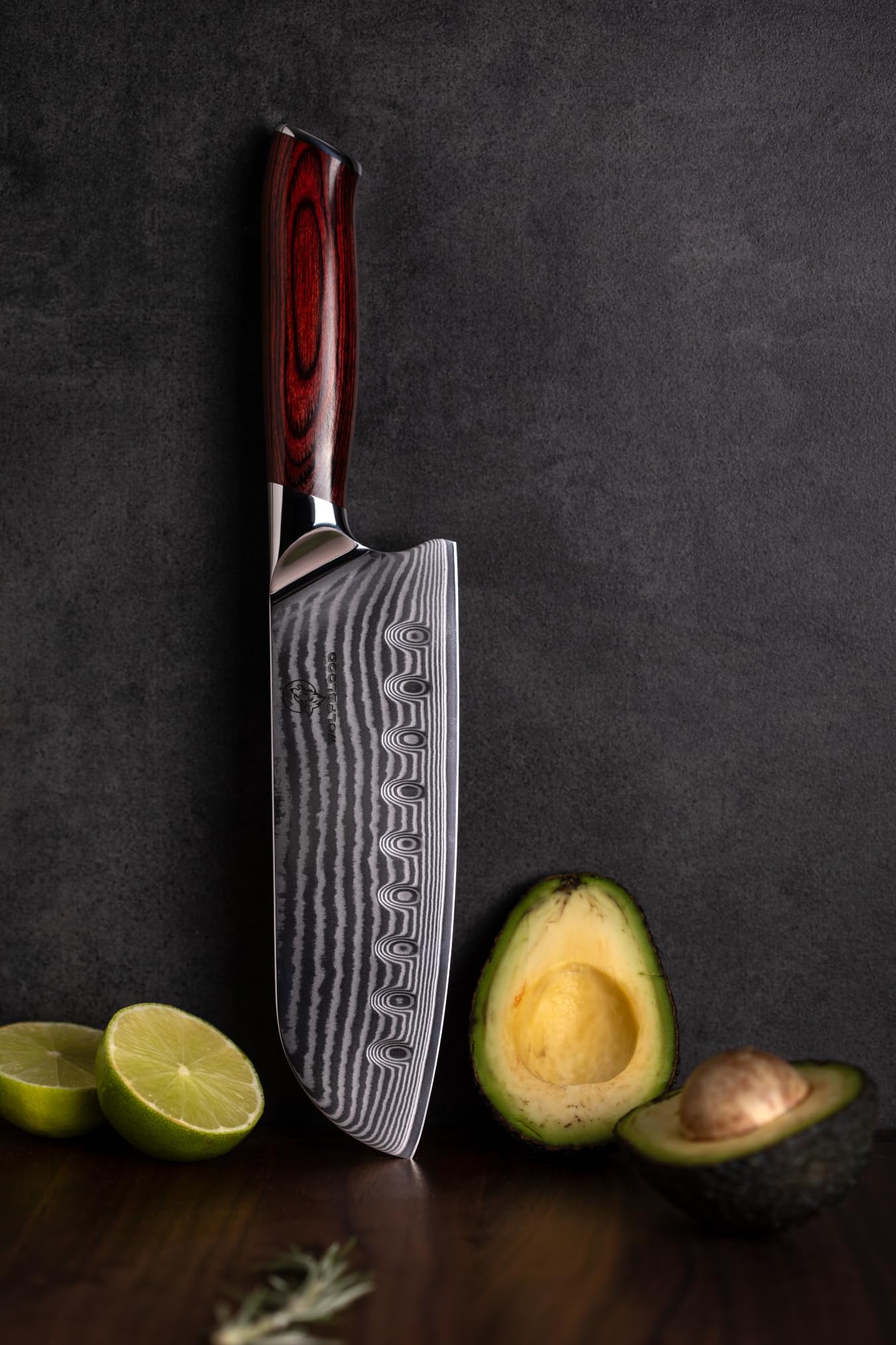 Wolfblood Damastmesser Santoku Messer XL (30cm) TÜV geprüfter 62 HRC Damaststahl aus 67 Lagen I Damast-Küchenmesser Santokumesser mit Kirschholzgriff Geschenkbox und Klingenschutz