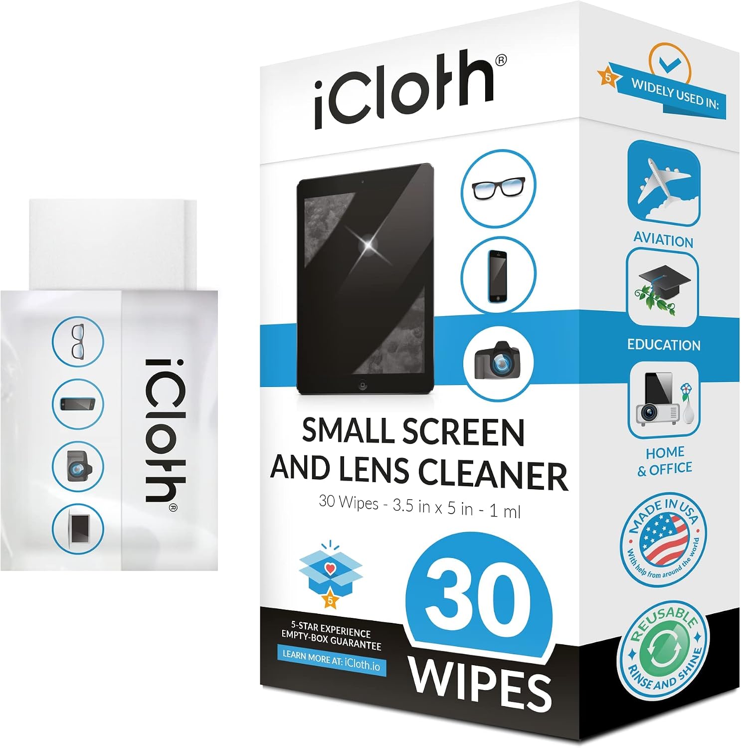 iCloth Lens Cleaning Wipes [5 x 3.5 Inches - 30 Wipes] Safe for All Screens