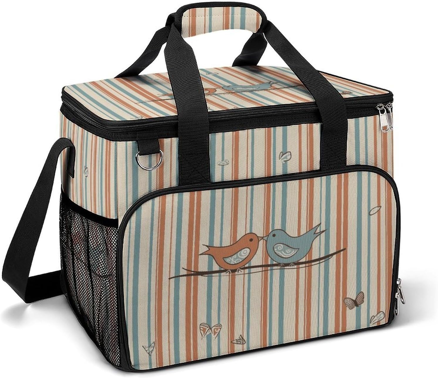 Insulated Picnic Backpack Tote Bag, Large Capacity 30L Love Birdie Stripe Cooler Bag Leakproof Beach Bags Portable Lunch Box Waterproof Picnic Basket for Beach Camping BBQ