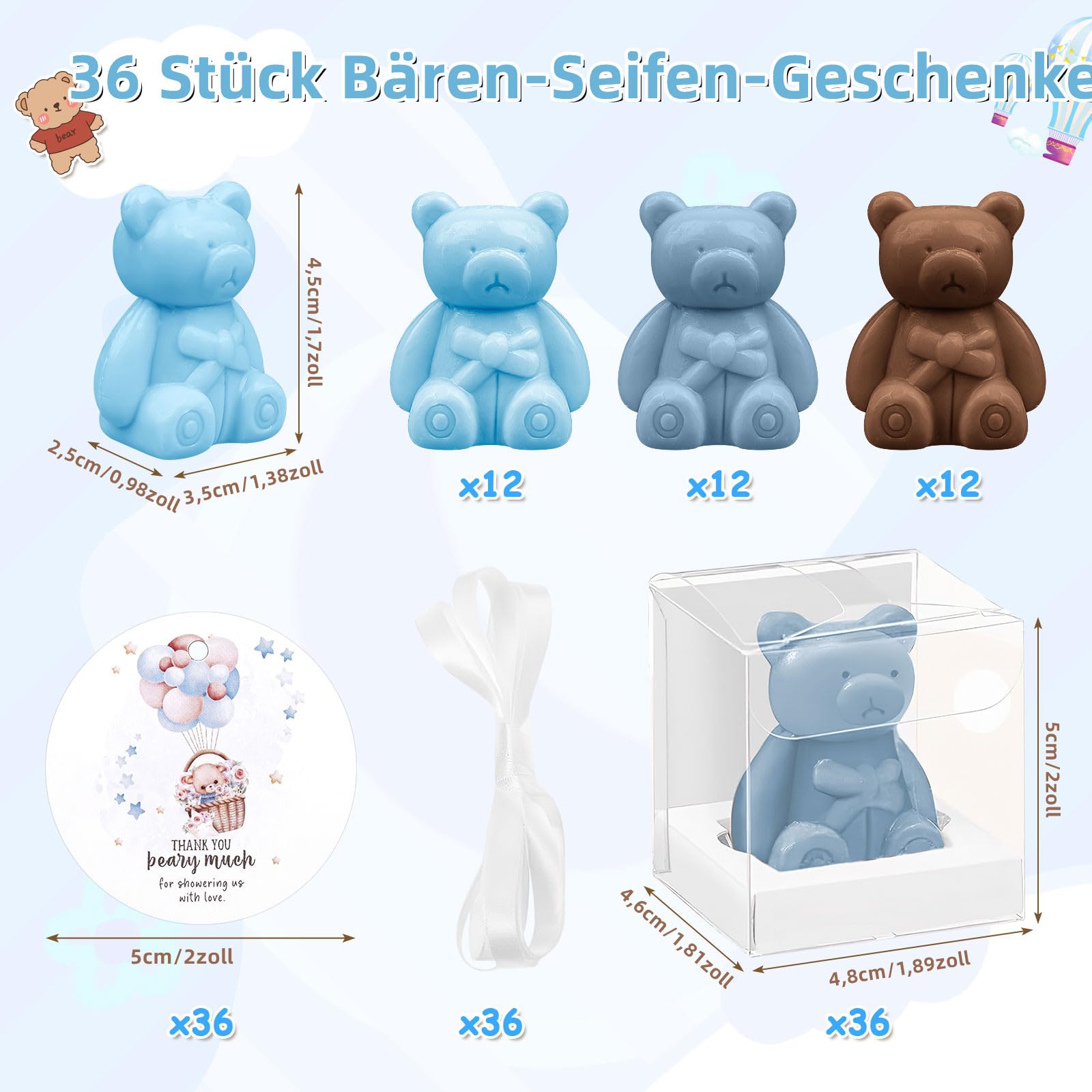 36 Stück Bären-Babyseifen in Großpackungen, kleine Babyparty-Geschenke mit Dankeskarten und Schachteln, Mini-Bärenseifen-Geschenke