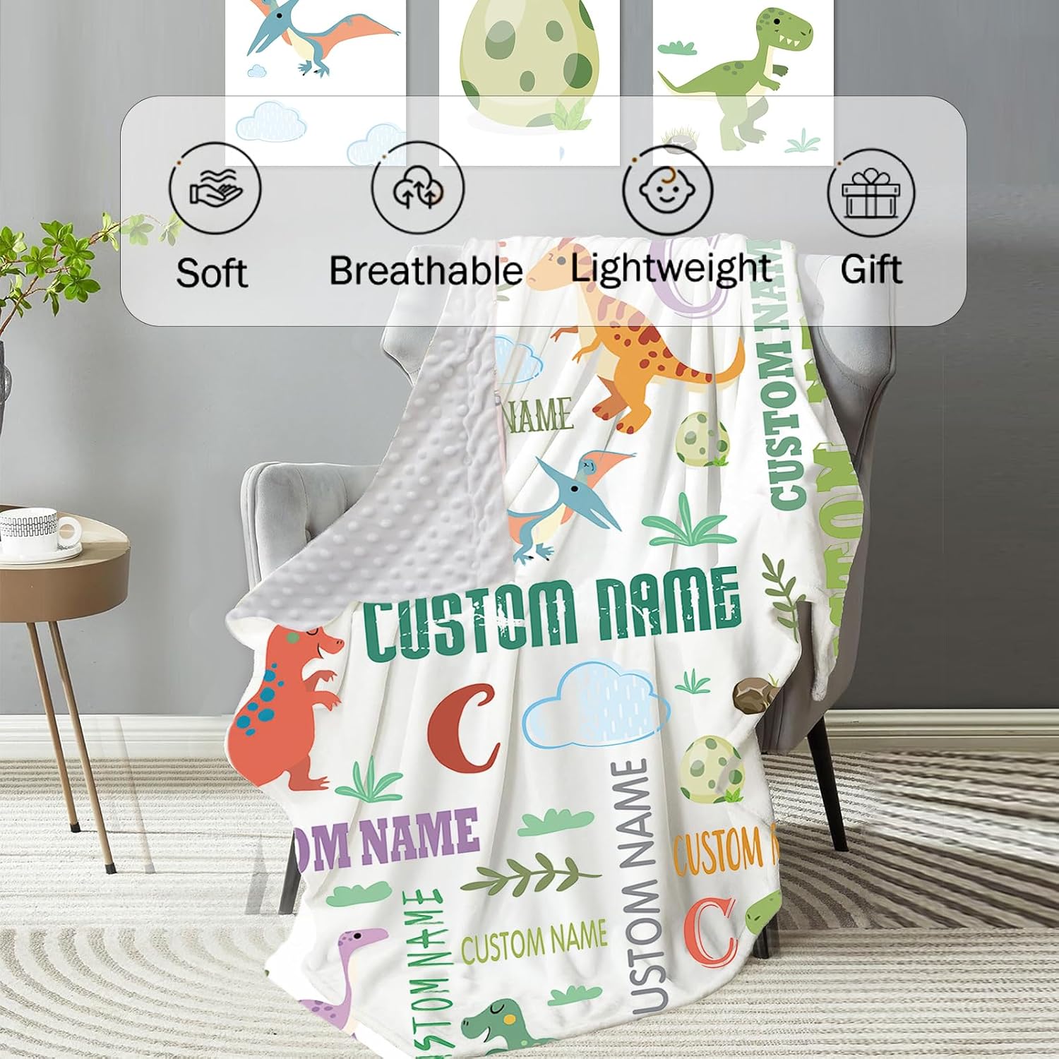Personalized Baby Crib Bedding Set, 4 Piece Custom Name Crib Bedding, Double Layer Blanket Crib Sheet Changing Pad Cover Wall Art, Nursery Decor Gift for Newborn Toddlers, Letter Dinosaur Theme