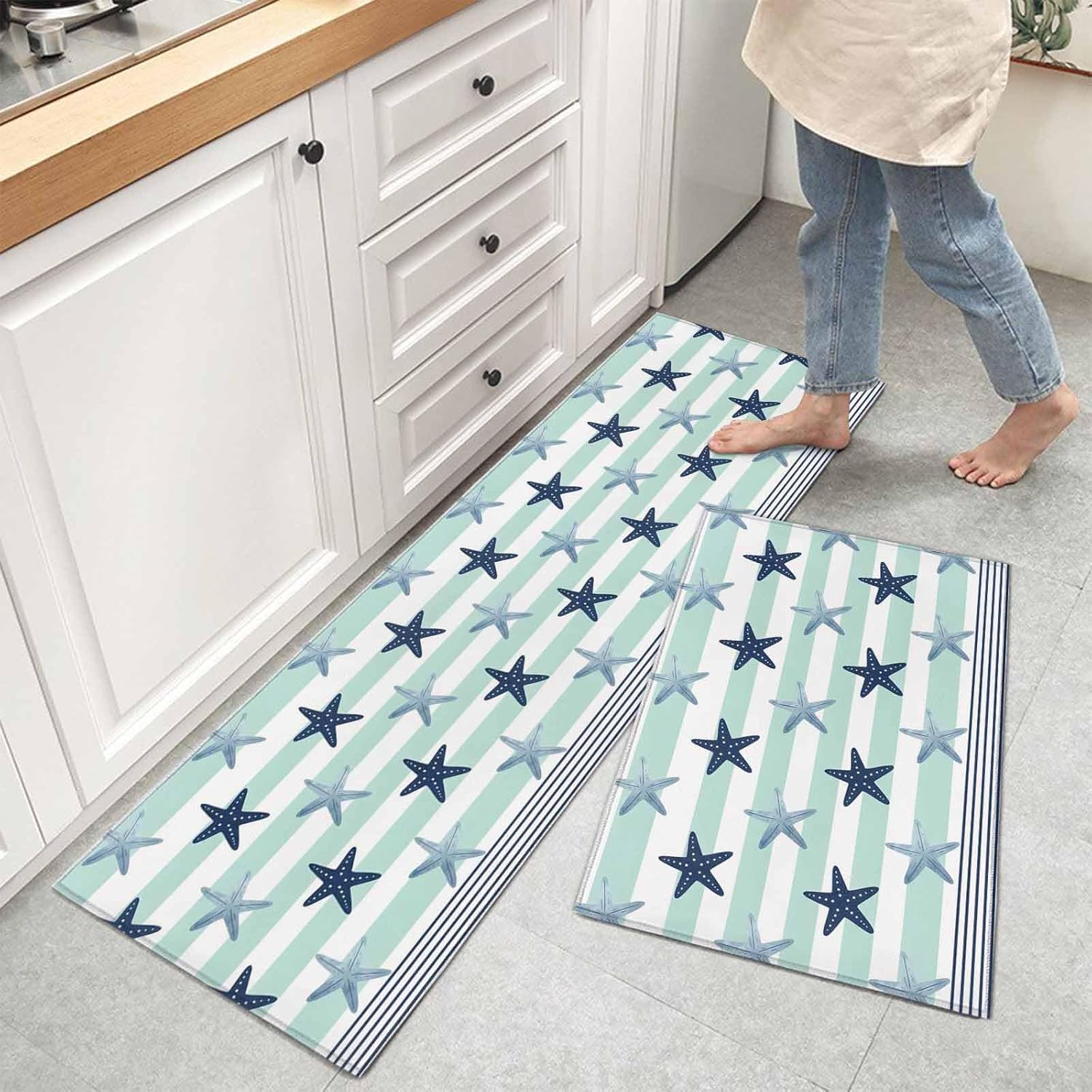 Kitchen Mats for Floor Sea Navy Blue Starfish Washable Non Slip Kitchen Rugs 2PCS, Green White Striped Background Absorbent Standing Mats for Sink Bathroom Office Living Room 15.7x23.6in+15.7x47.2in
