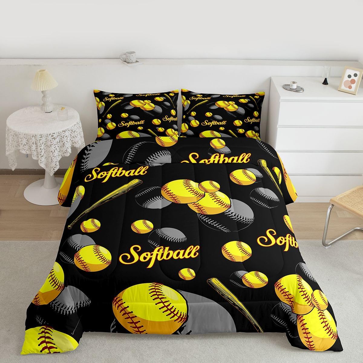 Erosebridal Softball Bedding Set Twin Size, Sports Games Comforter Set for Kids Girls Teens Room Home, Yellow and Black Quilt Softball Gifts Bedding Comforter Sets Softball Decor for Boys Bedroom