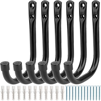 Garage Storage Hooks, 6 Pcs Heavy Duty J Hooks, Wall Mount Steel Organizer for Garden Tools, Bags, Hoses, Ladder, Sports Equipment