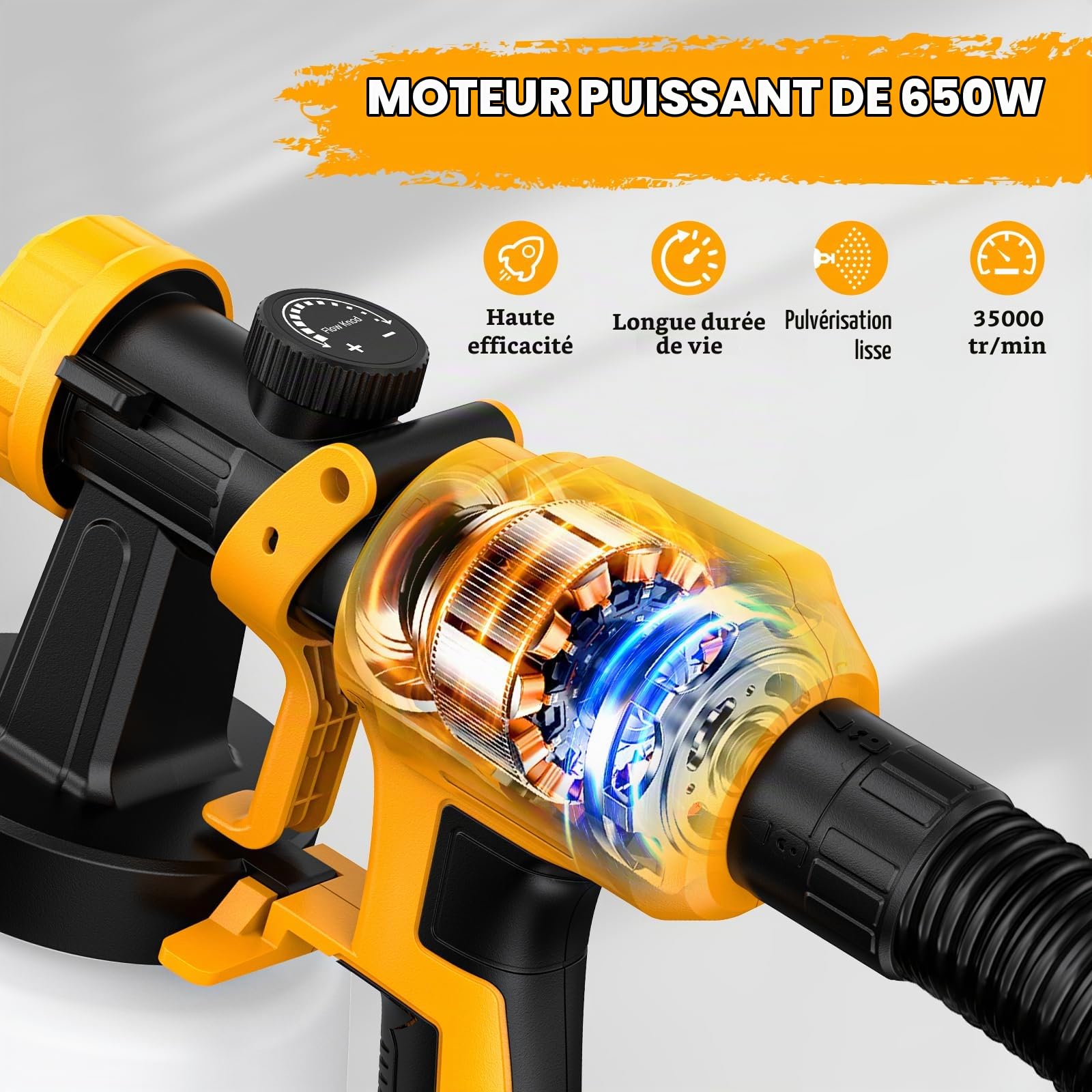 Pulvérisation de Peinture 650W, Pistolet Peinture électrique avec 5 Buses | Pistolet à peinture avec réservoir de 1300 ml,tuyau d'air de 3 m, pour peintures et murales à l'intérieur et à l'extérieur