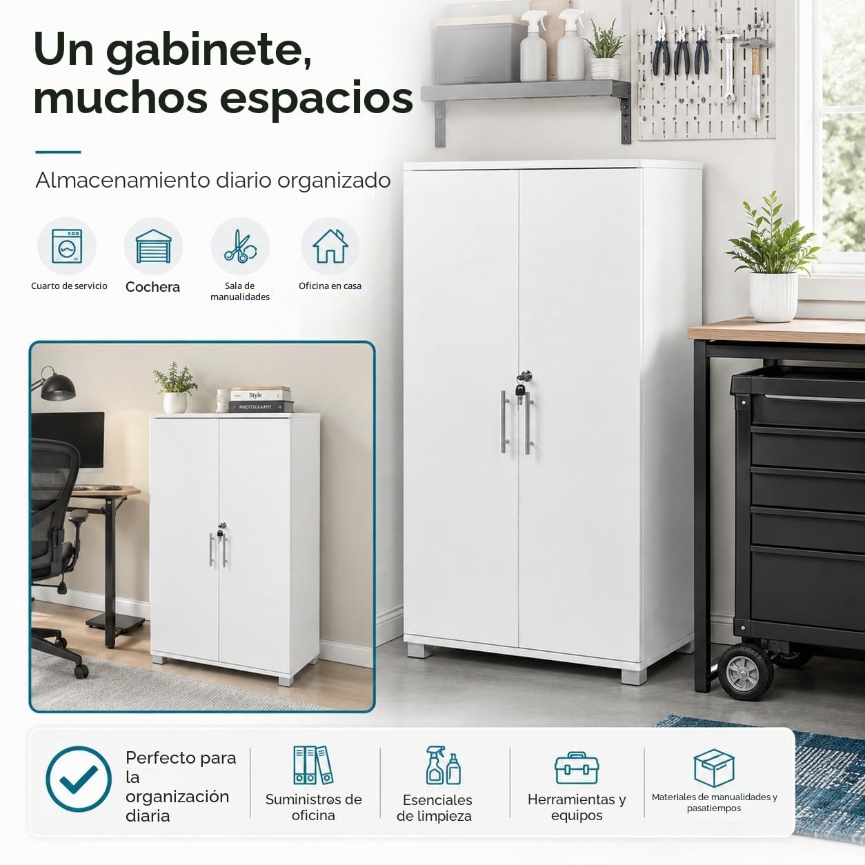 MMT - Armario de Almacenamiento de Oficina, Madera Blanca, 120 cm de Alto, con Cerradura, para Oficina, Garaje, Utilidad.