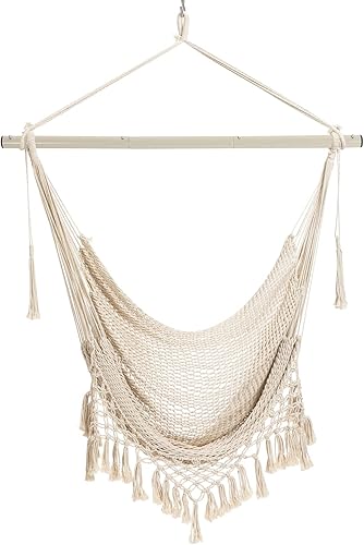 Miniatura 8 de Silla hamaca, máximo 330 libras, silla colgante grande, silla columpio de cuerda de algodón suave con varilla de metal de alta carga, para