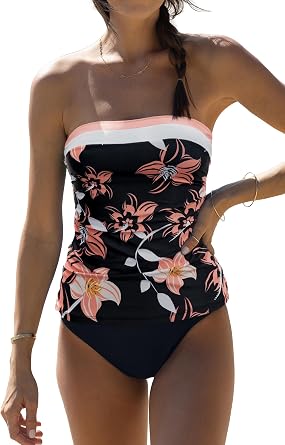 Beachsissi Womens Bandeau Swimsuits Strapless Tummy Control Color Block Tankini Sets