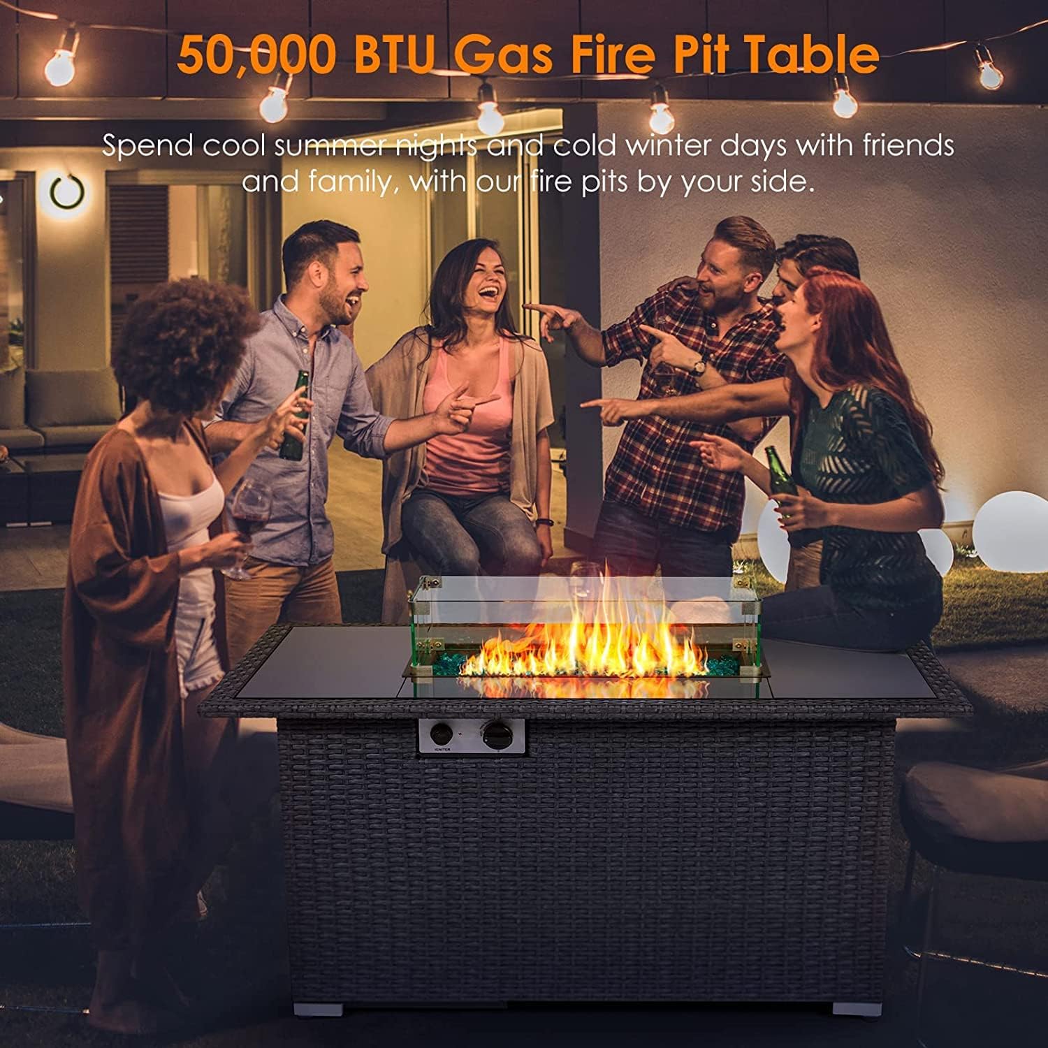 5 Pieces Outdoor Patio Rattan Furniture Set with 44" Gas Fire Pit Table, Outdoor Sectional Sofa Sets, PE Wicker Rattan Conversation Chairs Sets for Yard Garden, Beige… : Patio, Lawn & Garden