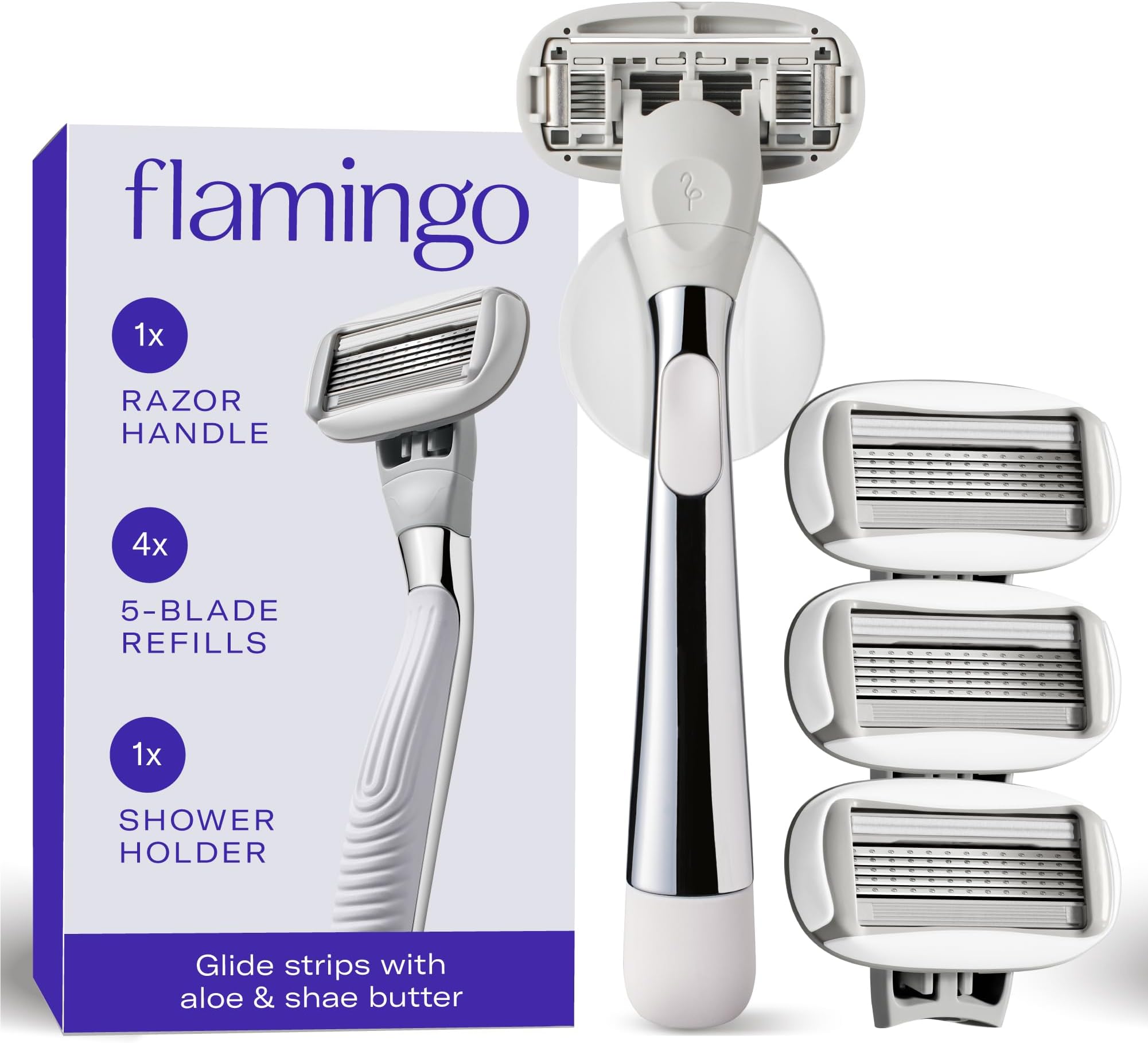 Flamingo 1 Women's Razor Handle (Chrome), 4 Razor Five-Blade Refills and 1 Shower Holder