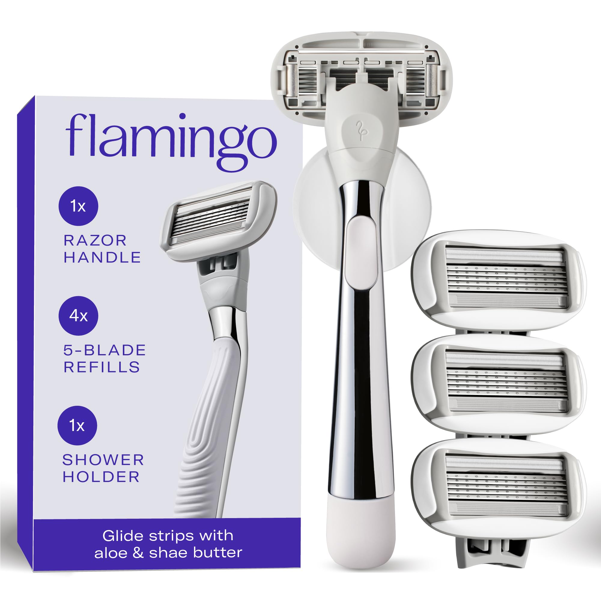 Flamingo Shaving Razor Set for Women - Razor Handle, 4 Razor Blade Refills, Shower Holder - Chrome
