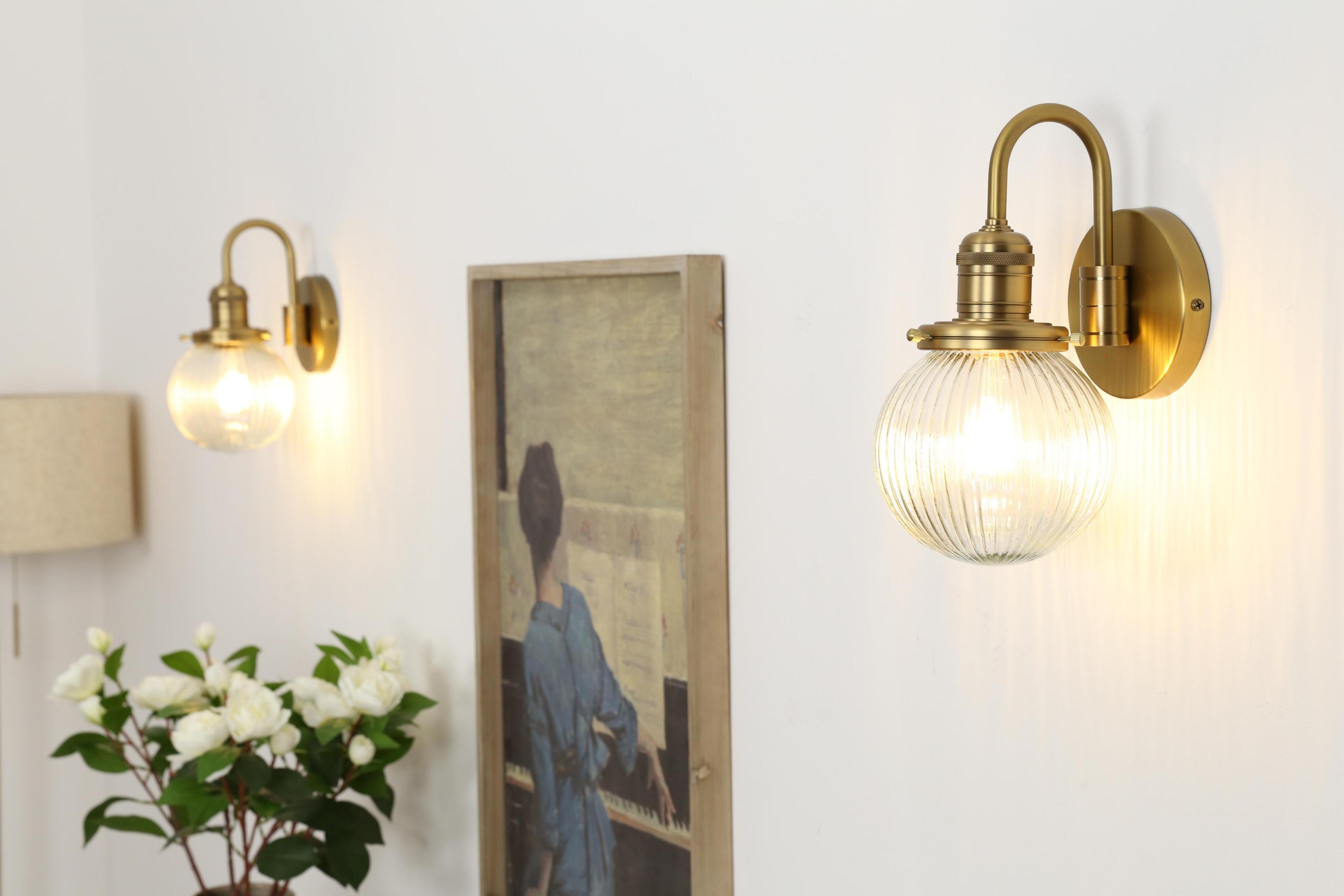 Image of Industrial Vintage 1-Light Wall Sconce with 5.9 inch Round Ribbed Clear Glass Globe Lampshade, U-Shaped Indoor Wall Mounted Lamp Fixture for Bedroom Living Room Bathroom Vanity