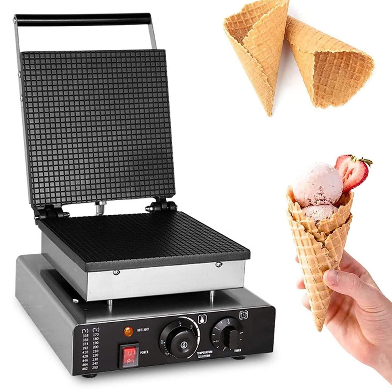 Eiwitany Cream Commercial Waffle Cone Maker - Electric Non-Stick Waffle Iron, Double-Sided Heating For Ice Cones & Egg Rolls, For Snacks (Square)