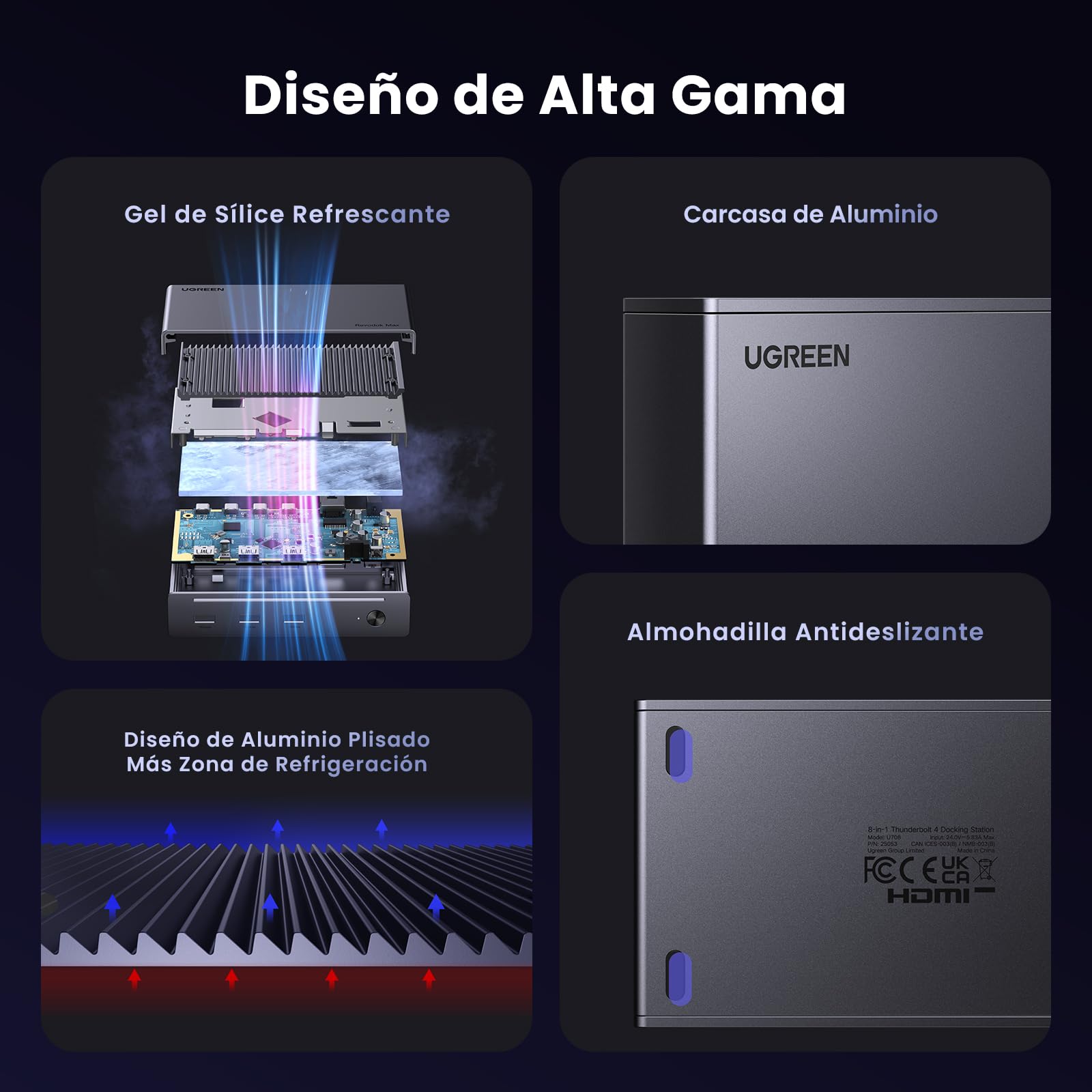 UGREEN Revodok MAX 208 Docking Station USB C Thunderbolt 4 Doble Pantalla | 8 en 1, 3 TBT4, 40Gbps, Único 8K30Hz, Doble 4K60Hz, Múltiples USB 3.2 10Gbps, Ethernet Gigabit, Carga 85 W, Entrada DC 140 W