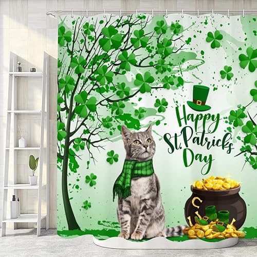 Cortina de ducha de trébol del día de San Patricio, bonita cortina de baño de hojas verdes, divertido gato verde trébol trébol con hojas de trébol