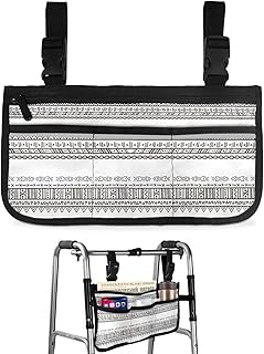 Boho Wheelchair Side Bag Walker Bag, Simple Black White Simple Line Wheelchair Accessories Armrest Pouch, Organizer Storage Bag for Walkers, Rollators, Scooters, 7.3'x13'