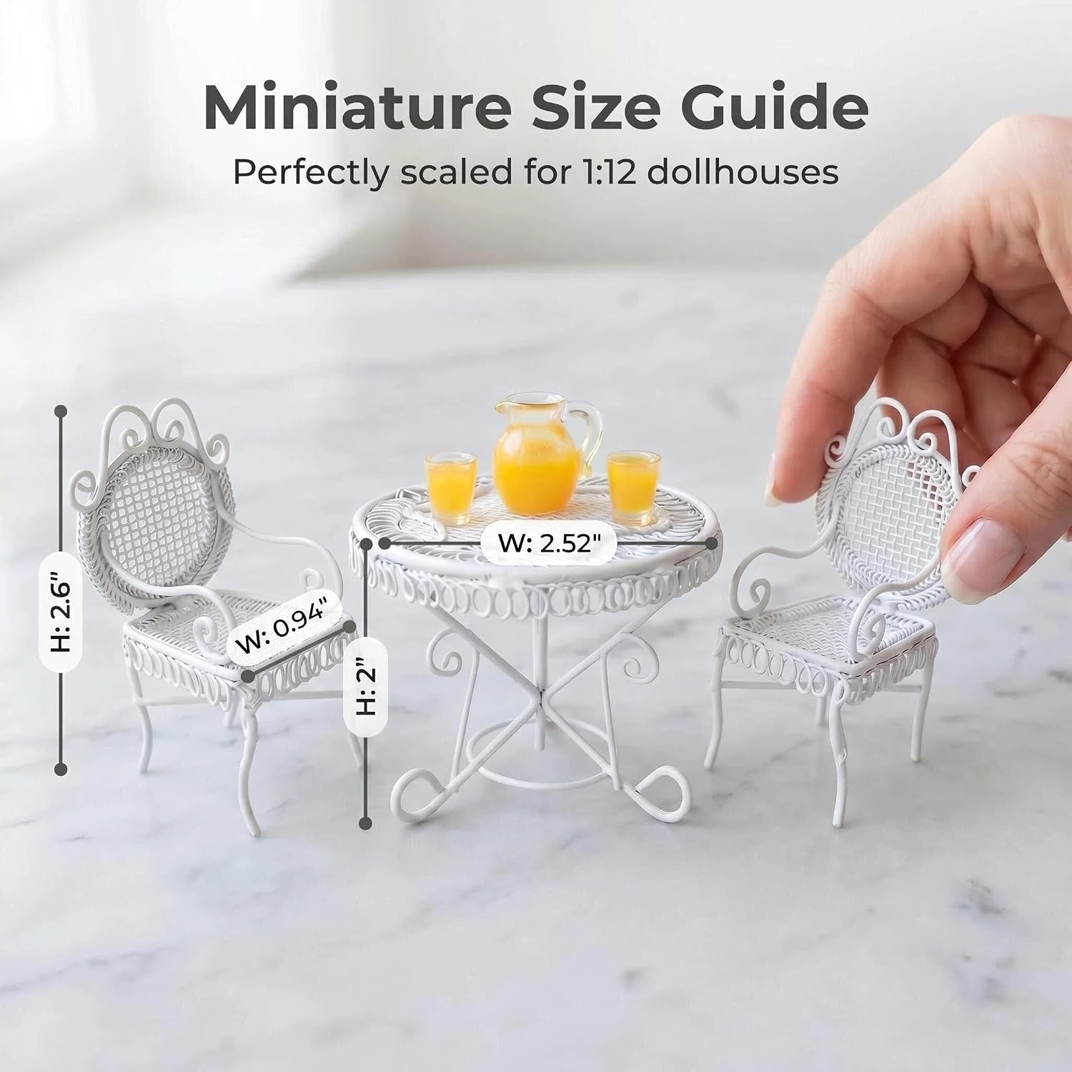6 PCS Miniature Vintage Bistro Table & Chairs with Orange Juice Set 1:12 Scale Dollhouse Furniture Tiny White Fairy Garden Cute Rustic Elegant Decorations Ornaments