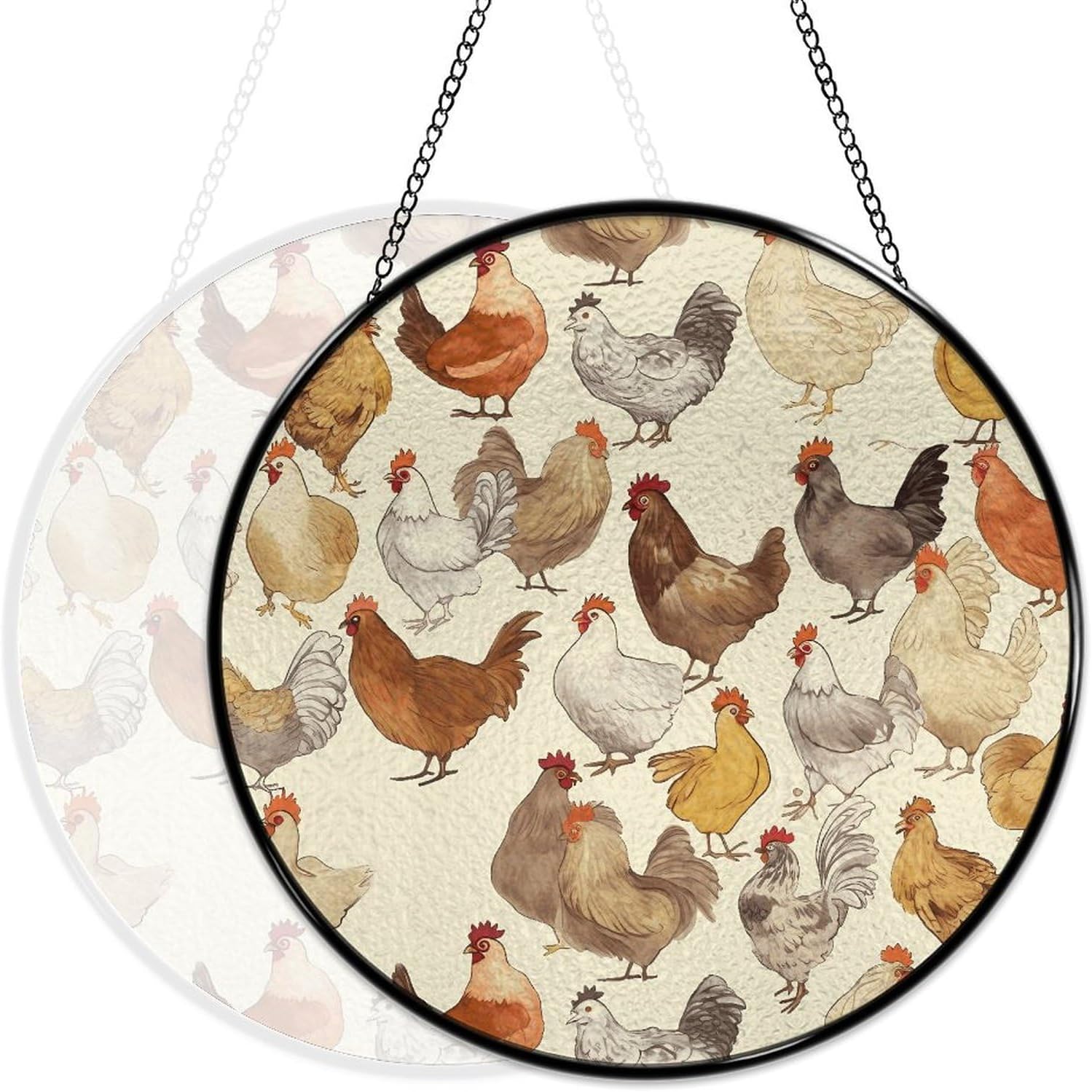 Stained Glass Window Hanging 30x30cm Window Suncatcher Glass Panel with Metal Chain A Brood of ChickensSun Catchers Wall Art Home Decor Gift for Women Mother's Day