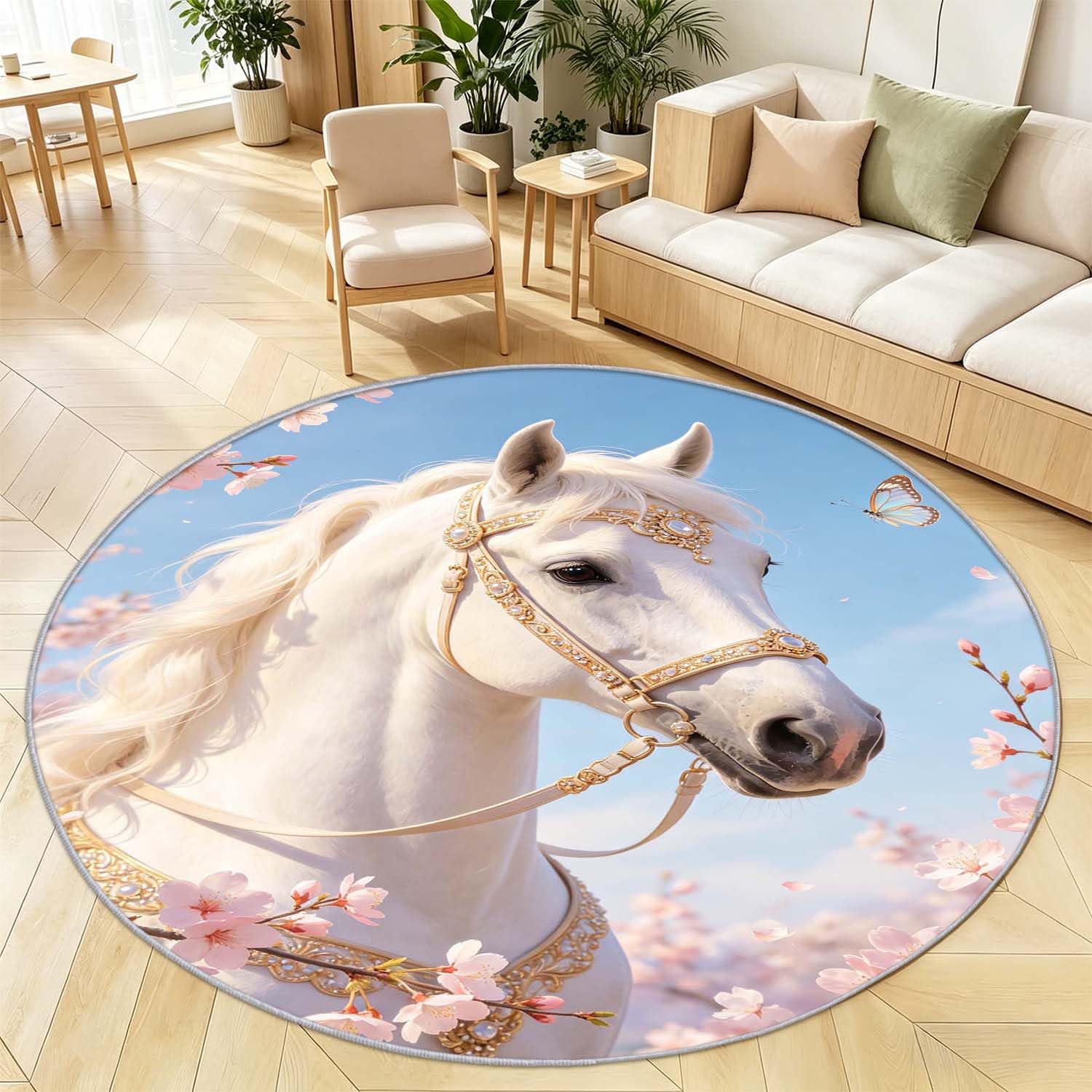 Tapis Rond Cheval 120 cm, Tapis Salon 3D Chevaux Poil Ras Lavable en Machine Antidérapant Doux Descente de Lit Chambre pour Cuisine, Chambre d'enfant, Bureau YDT2886