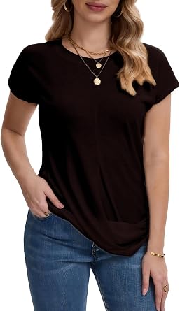 Womens Short Sleeve Round Neck T-Shirt - Twist Front Raglan Solid Color Loose Casual Tunic Tops
