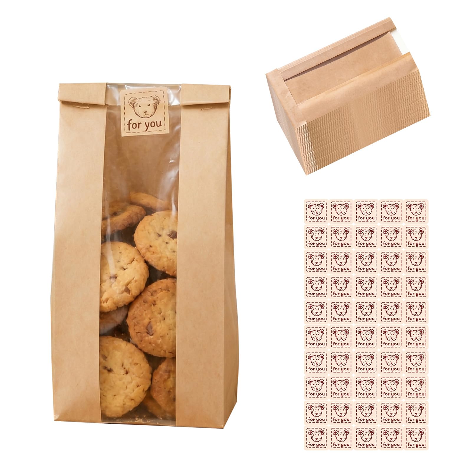 50 Pcs Small Bakery Bags with Window, Kraft Brown Paper Bread Bags with 50 Stickers, Greaseproof Food Packaging for Cookie, Cupcake, Snack, and Sandwich Storage (23x12x5 cm)