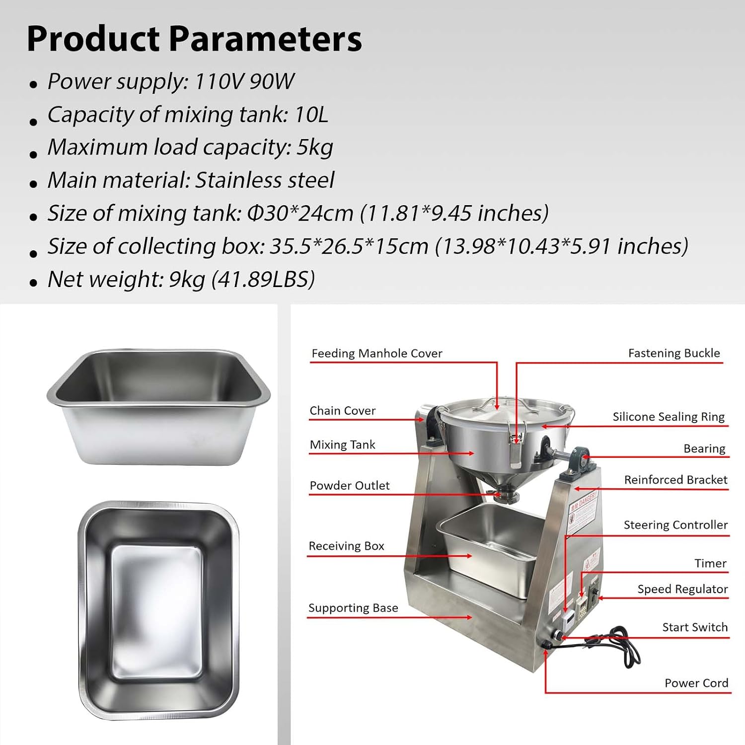 304 Stainless Steel Powder Blender, 10L Adjustable Speed & Time Dry Powder Mixer, Max Load 11Lbs, Mixing Machine for Dry Grain Particle Granula (Lab-Grade Ultra-Quiet)