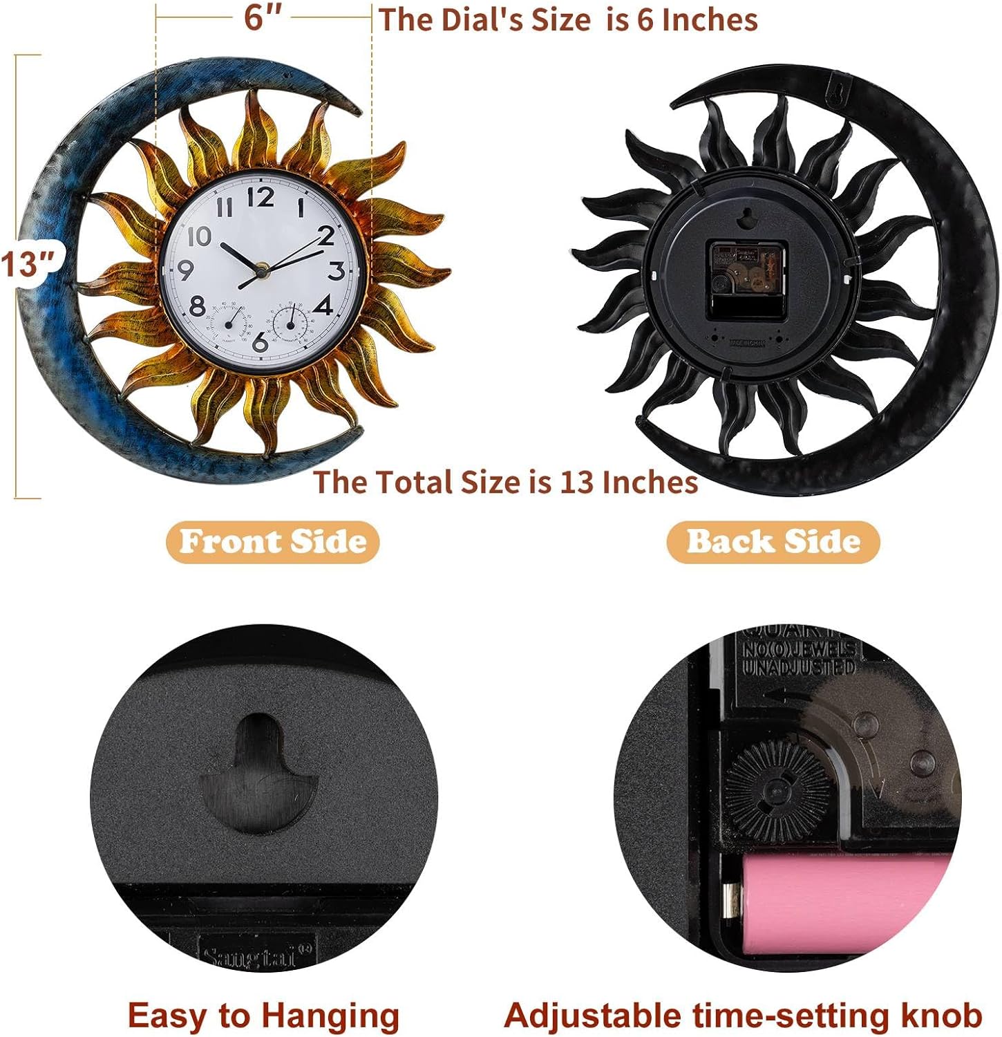 shumi Sun and Moon Outdoor Clock, Decorative Wall Clock for Patio Living Room,Silent Non-Ticking Outdoor Clock Thermometer Combo