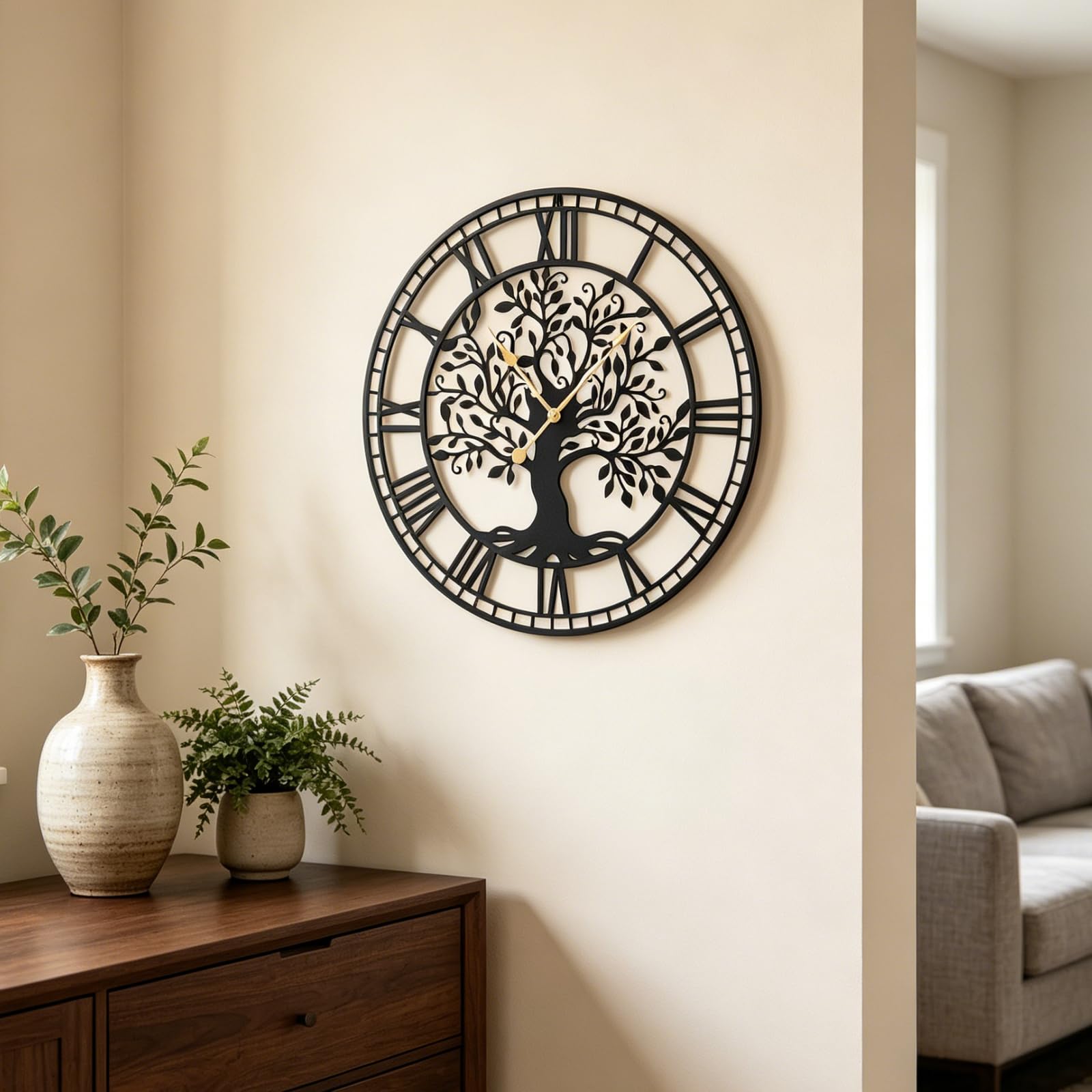 LIFEZEAL - Reloj de pared grande y silencioso de 68 cm, diseño moderno, árbol de la vida de metal, péndulo sin tic-Tac con pilas, decoración de pared para sala de estar, dormitorio, oficina (Style1)