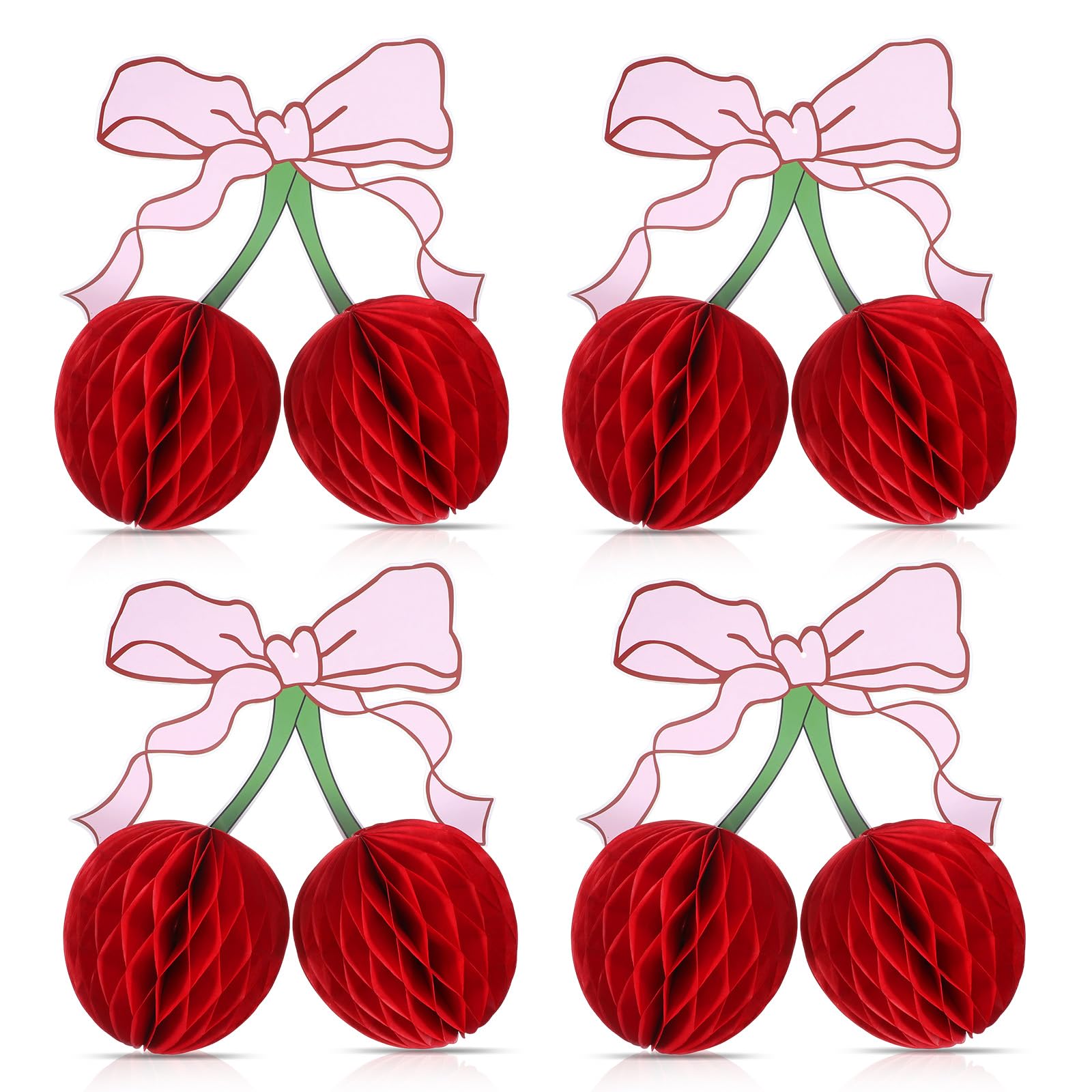 4Pcs 12 Inch 3D Cherry Bow Honeycomb Birthday Party Decorations, Cherry Themed Party Decorations, 12 Inch Large Cherry-Centerpiece Table Decoration for Birthday Art Supplies Wedding Home Decor