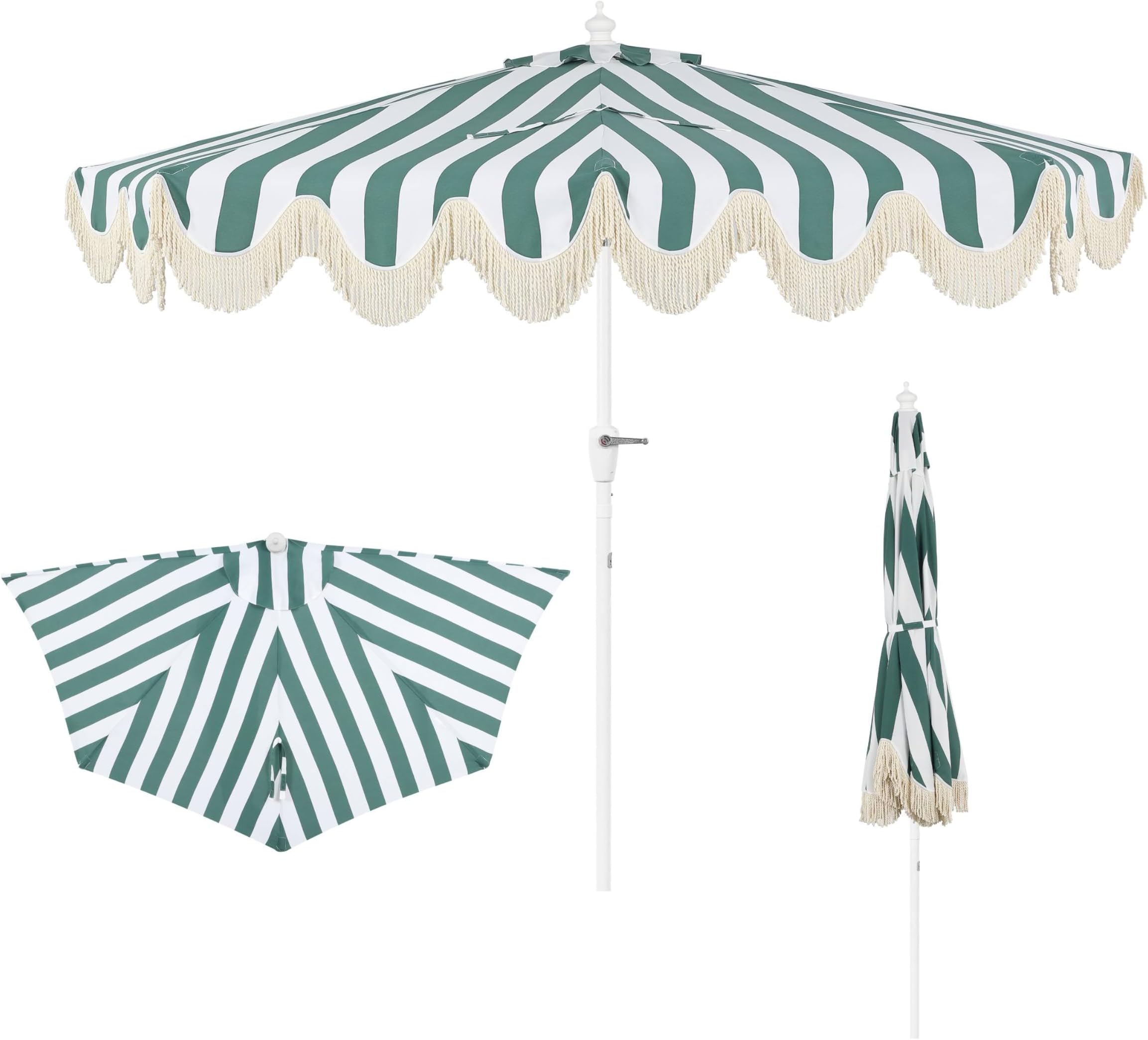 JONATHAN Y Beverly 9 ft. Coastal Green and White Striped Half Patio Umbrella with Scalloped Fringe, Crank Lift, and Manual Tilt for Balcony, White Pole UMB1201L