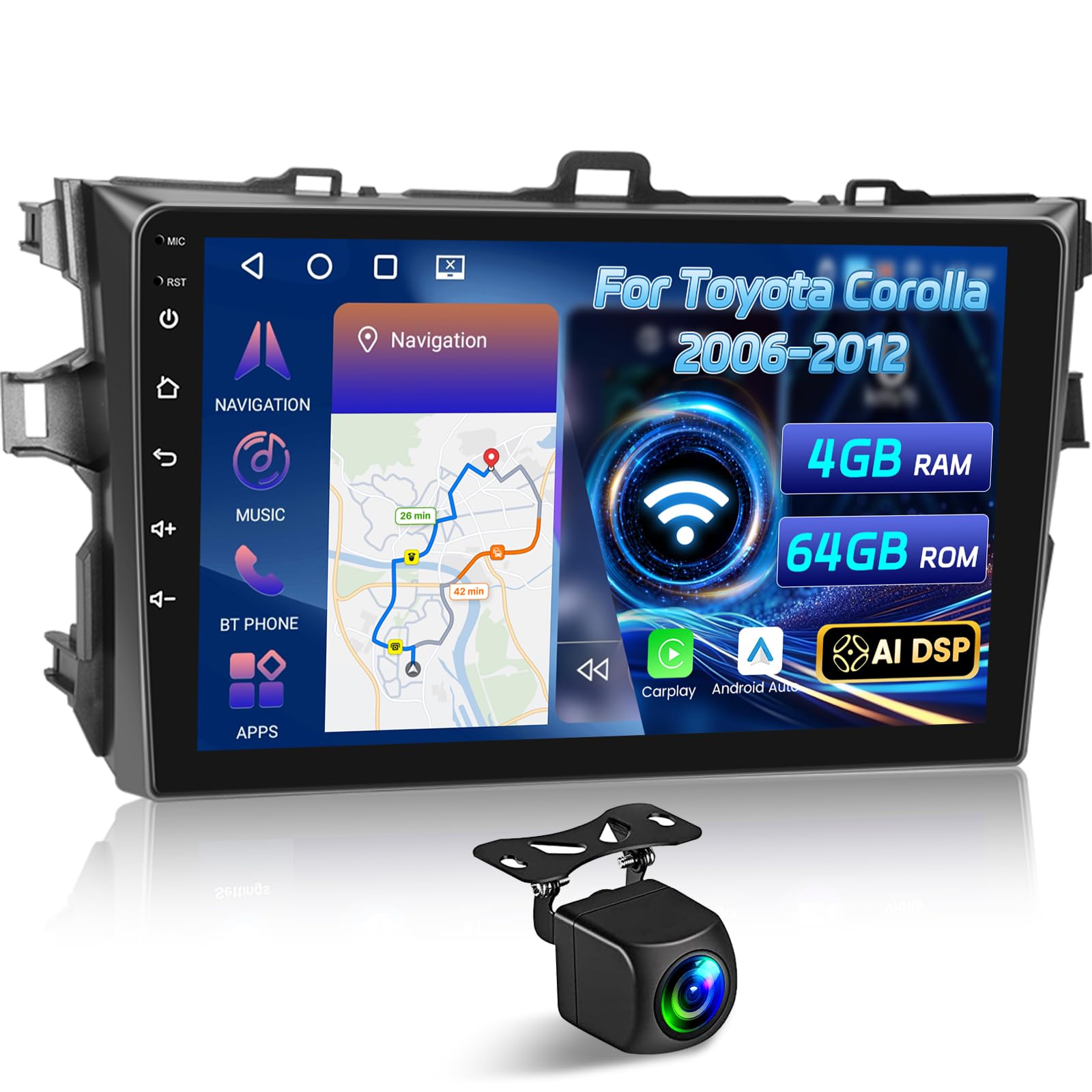 View 1 of *end piece cracked* [4+64G] Upgrade Car Radio for Toyota Corolla 2006-2012: 9 inch IPS Touchscreen Android Corolla Stereo - Wireless Carplay and Android Auto, DSP, 5G/WiFi, GPS, Custom Homepage + AHD Backup Camera