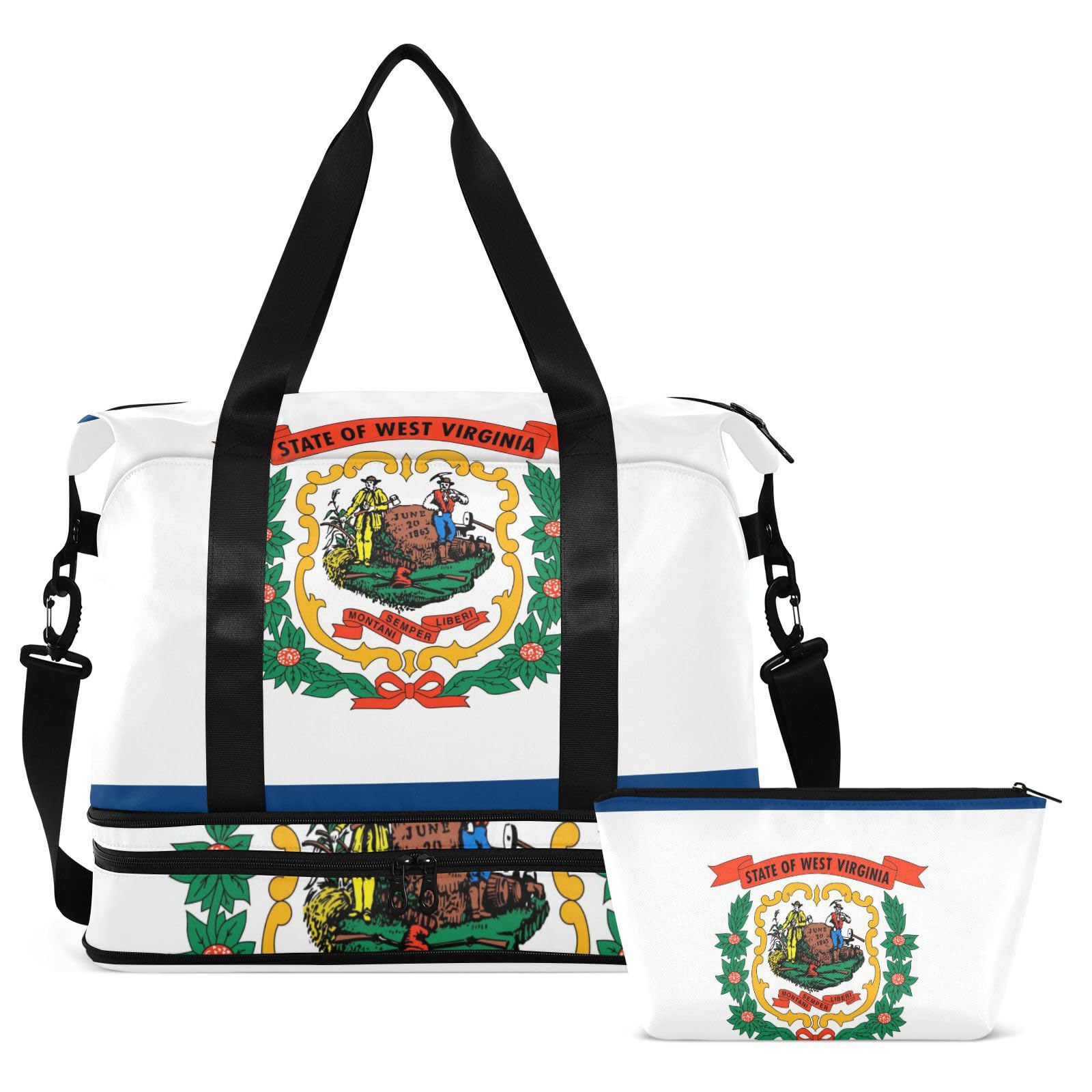 West Virginia State Flag Wv Carry on Weekender Overnight Bag with Wet Pocket Adjustable Strap Gym Sports Carry for Sports Waterproof for men women