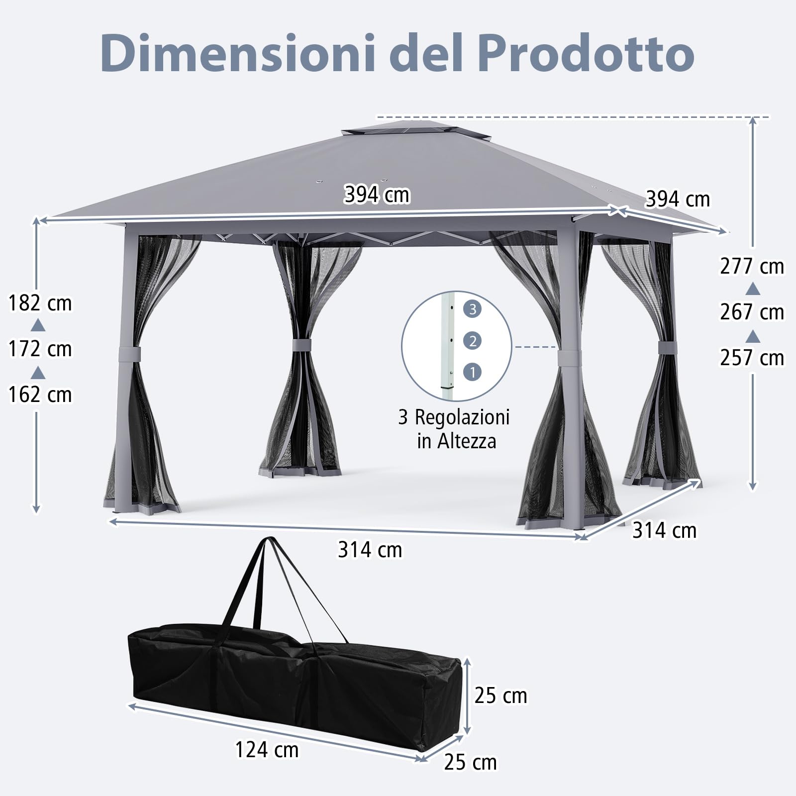RELAX4LIFE Gazebo da Giardino 3,9 m x 3,9 m, Gazebo Pop Up Pieghevole con Pareti in Rete Rimovibili, Altezza Regolabile, per Feste, Campeggio