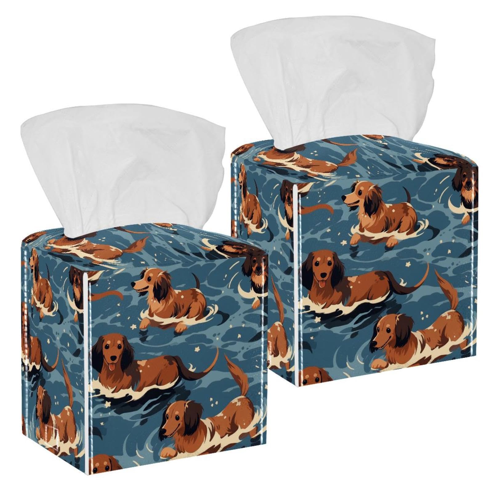 Cartoon Dog Tissue Box Cover, 2 Pack PU Leather Square Facial Tissue Dispenser Box holder for Home Office Car
