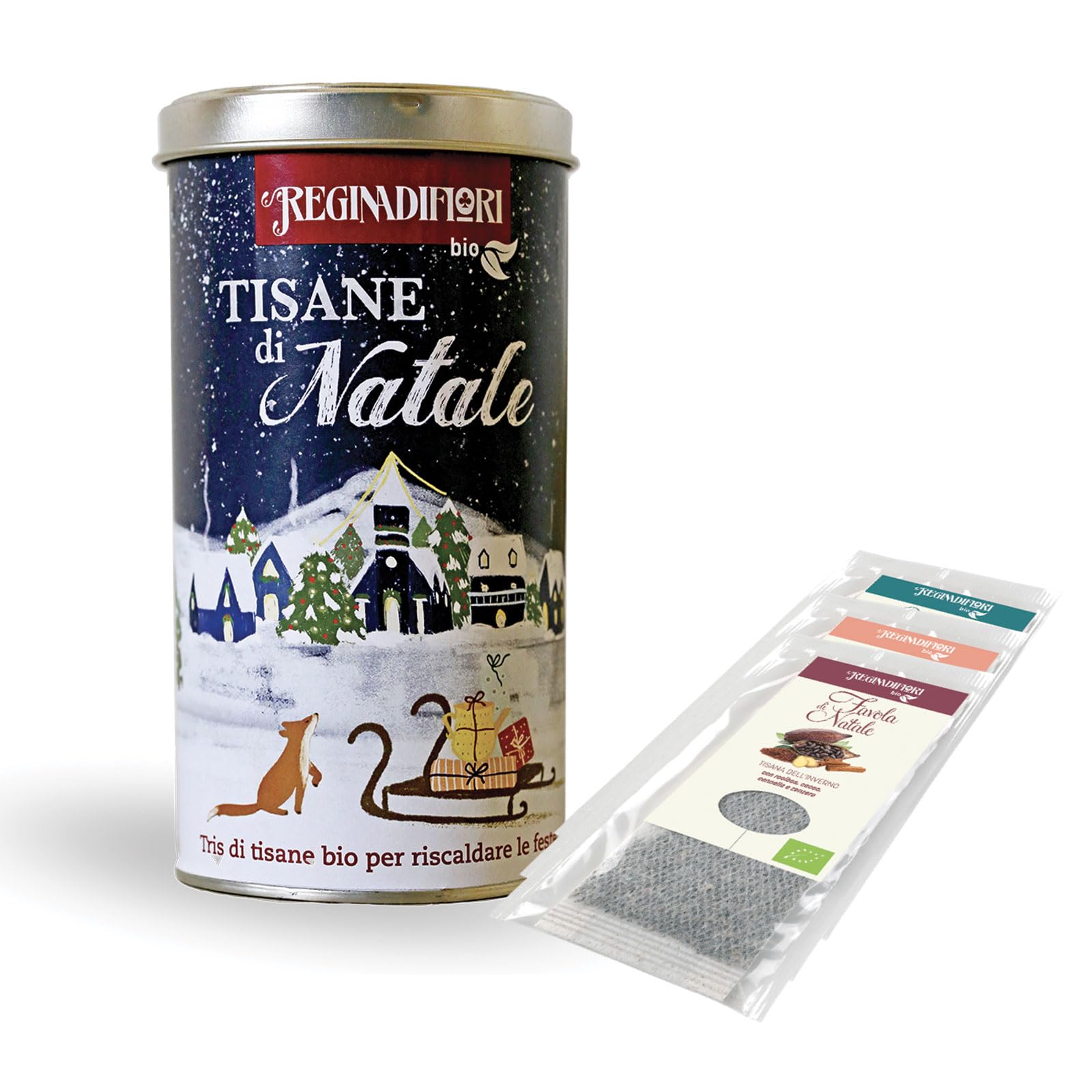 Regina di Fiori - Tisane del Natale. 8 Lattine Decorate con 12 Filtri Assortiti da 3g. Biologico