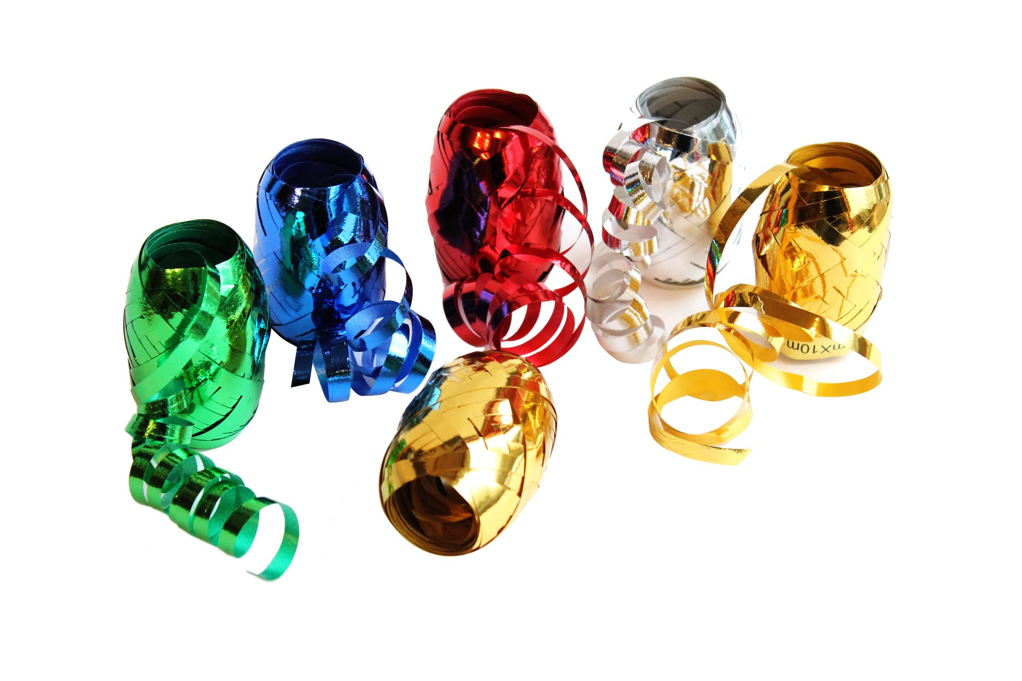 Bright Ideas Curling Ribbon. PK06 Metallic Assorted Colours Gold, Silver, Red Green and Blue. 6 x 10 Meters for Gift Wrapping, Balloon Ribbon Ties and Balloon String. BI0086.